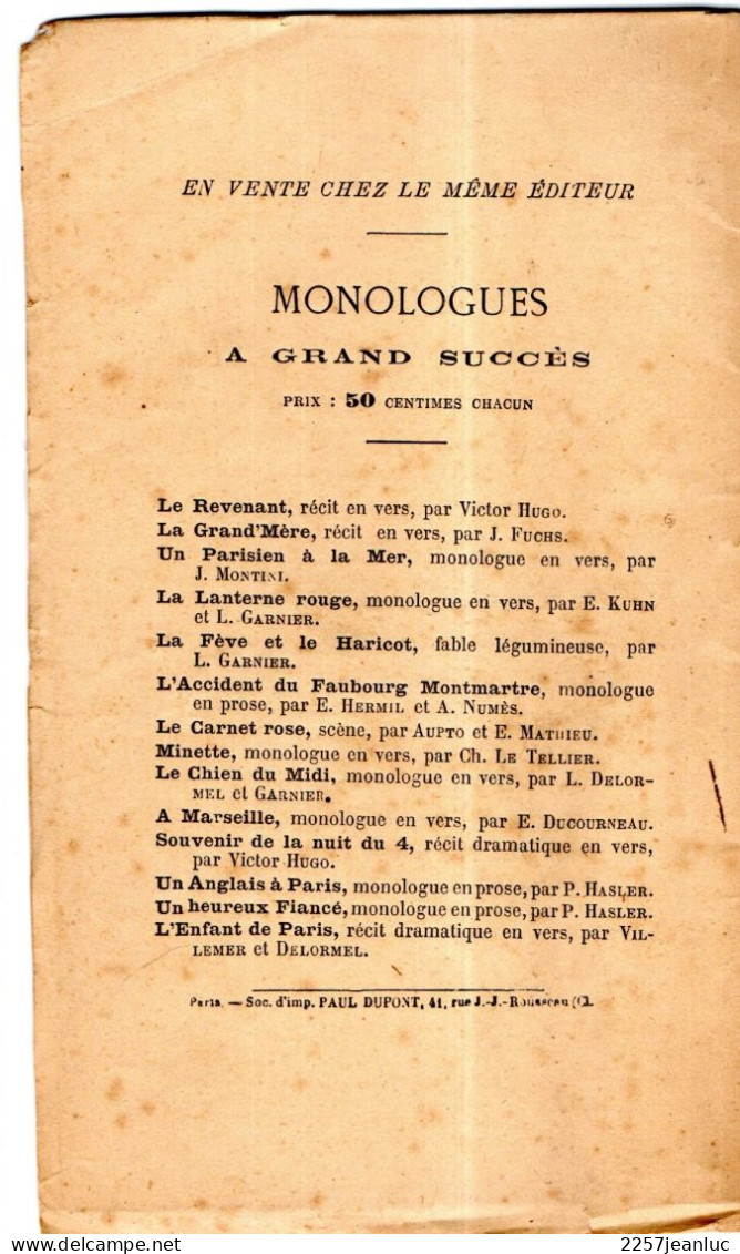 Victor Hugo Souvenir De La Nuit Du 4  * Monologues Récit  à 50c Editions Le Bailly  à Paris - Franse Schrijvers