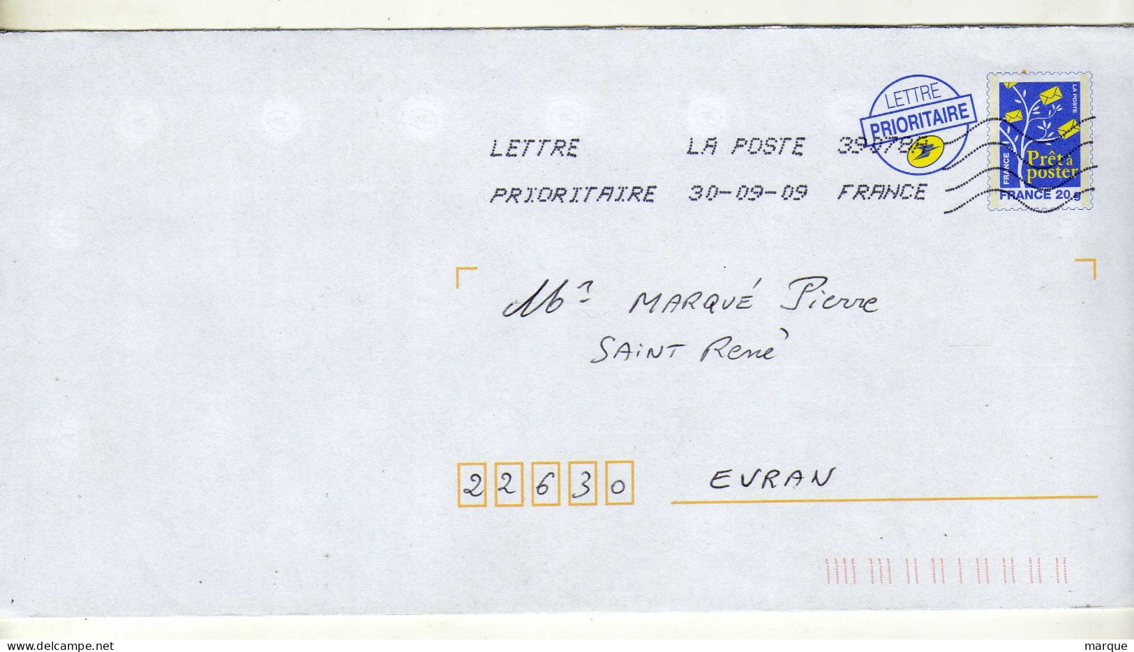 Enveloppe FRANCE Prêt à Poster Lettre Prioritaire Oblitération LA POSTE39878A 30/09/2009 - PAP: Aufdrucke/Blaues Logo