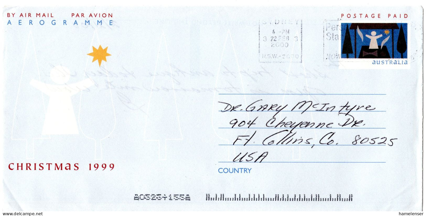 L71541 - Australien - 2000 - PP-GAAerogramm Weihnachten '99 SYDNEY - ... -> Ft.Collins, CO (USA) - Storia Postale