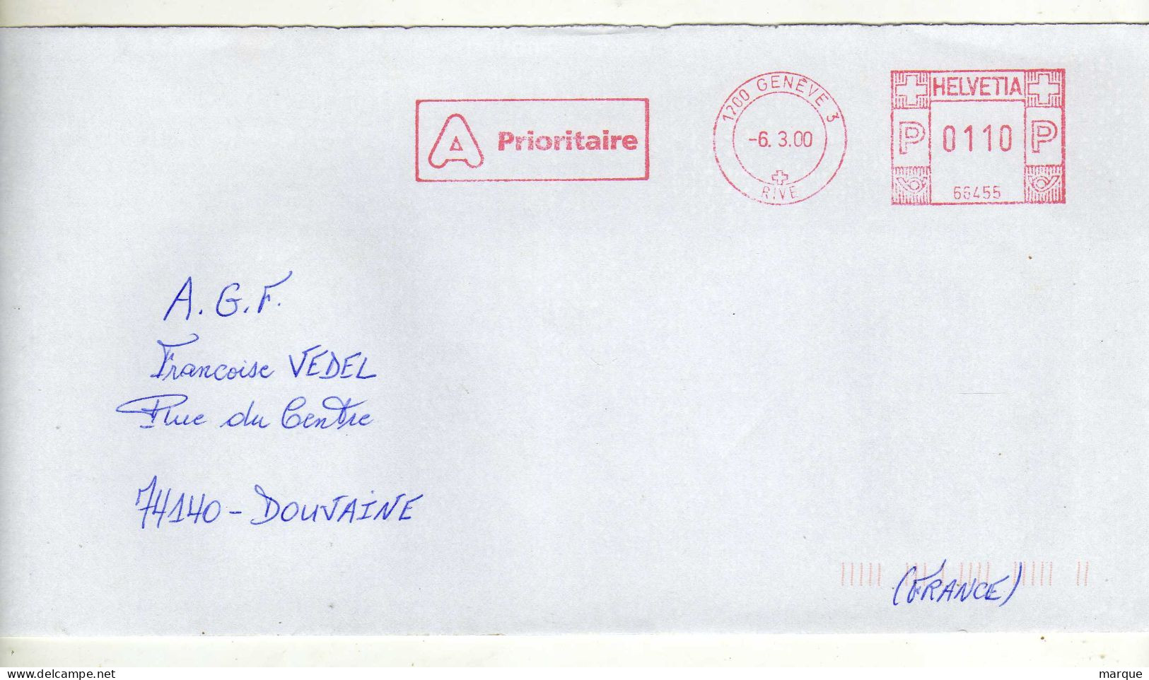 Enveloppe SUISSE HELVETIA Oblitération E.M.A. 1200 GENEVE 3 06/03/2000 - Marcophilie