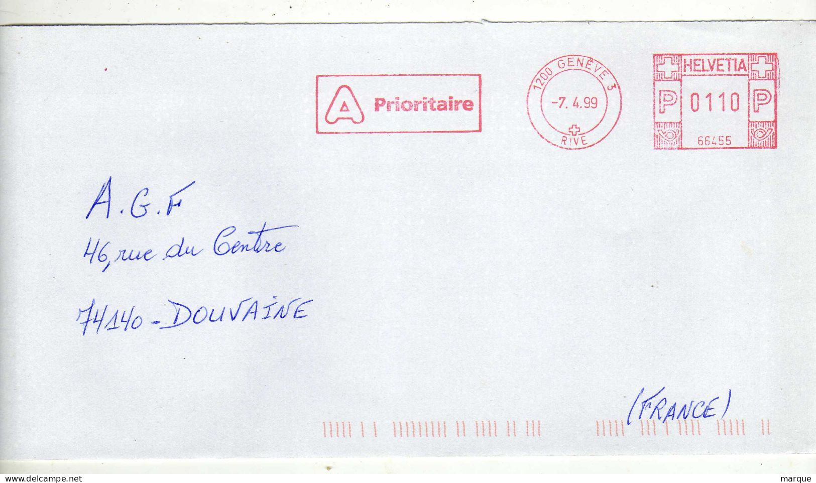 Enveloppe SUISSE HELVETIA Oblitération E.M.A. 1200 GENEVE 3 07/04/1999 - Marcophilie