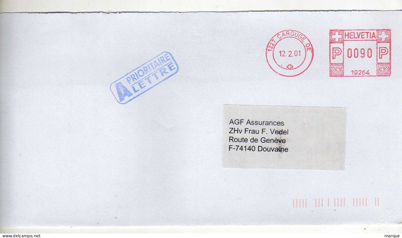 Enveloppe SUISSE HELVETIA Oblitération E.M.A. 1227 CAROUGE GE 12/02/2001 - Marcophilie