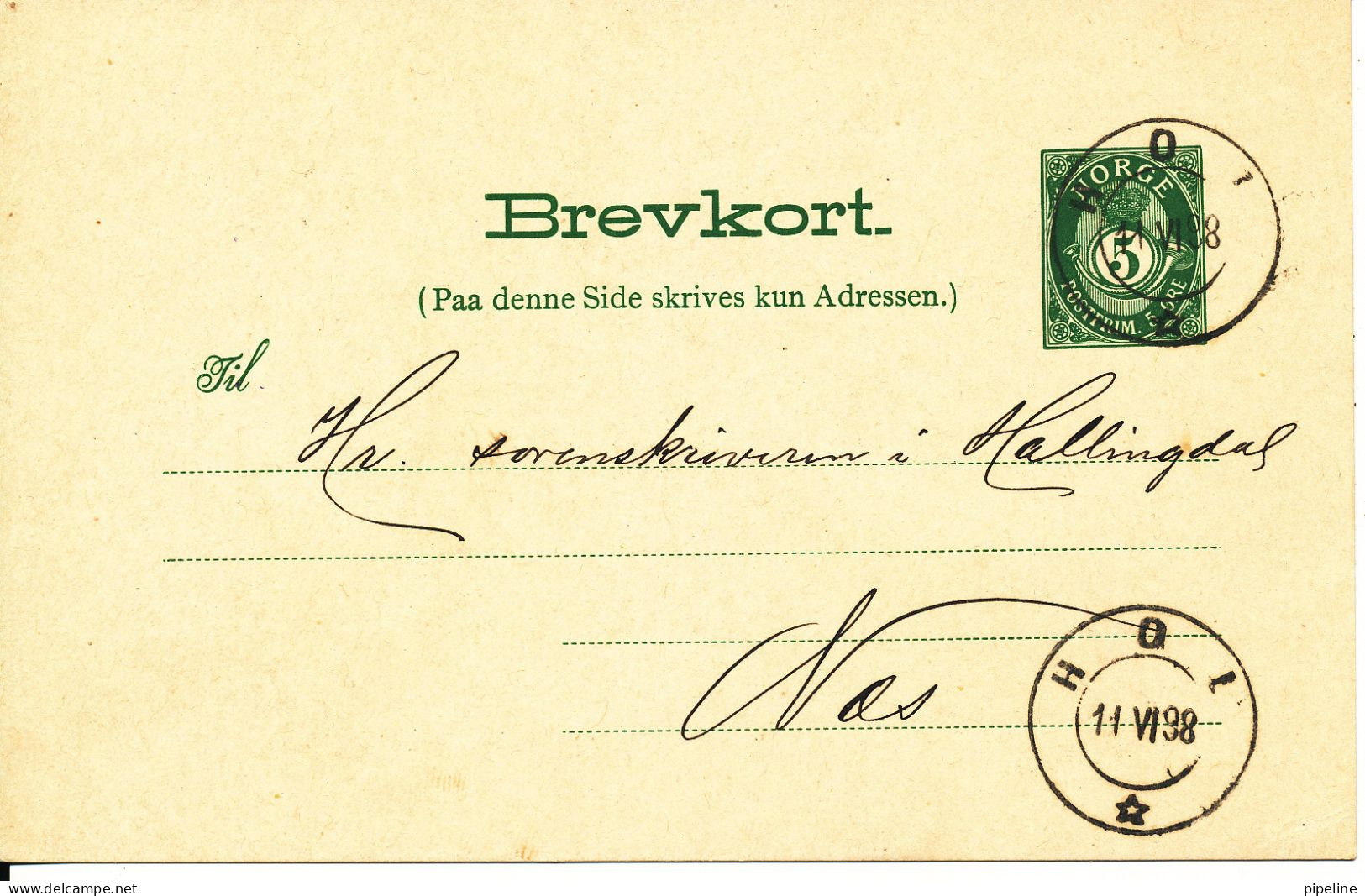 Norway Brevkort Lettercard 5 öre Green Hol 11-6-1898 Very Nice Card - Covers & Documents