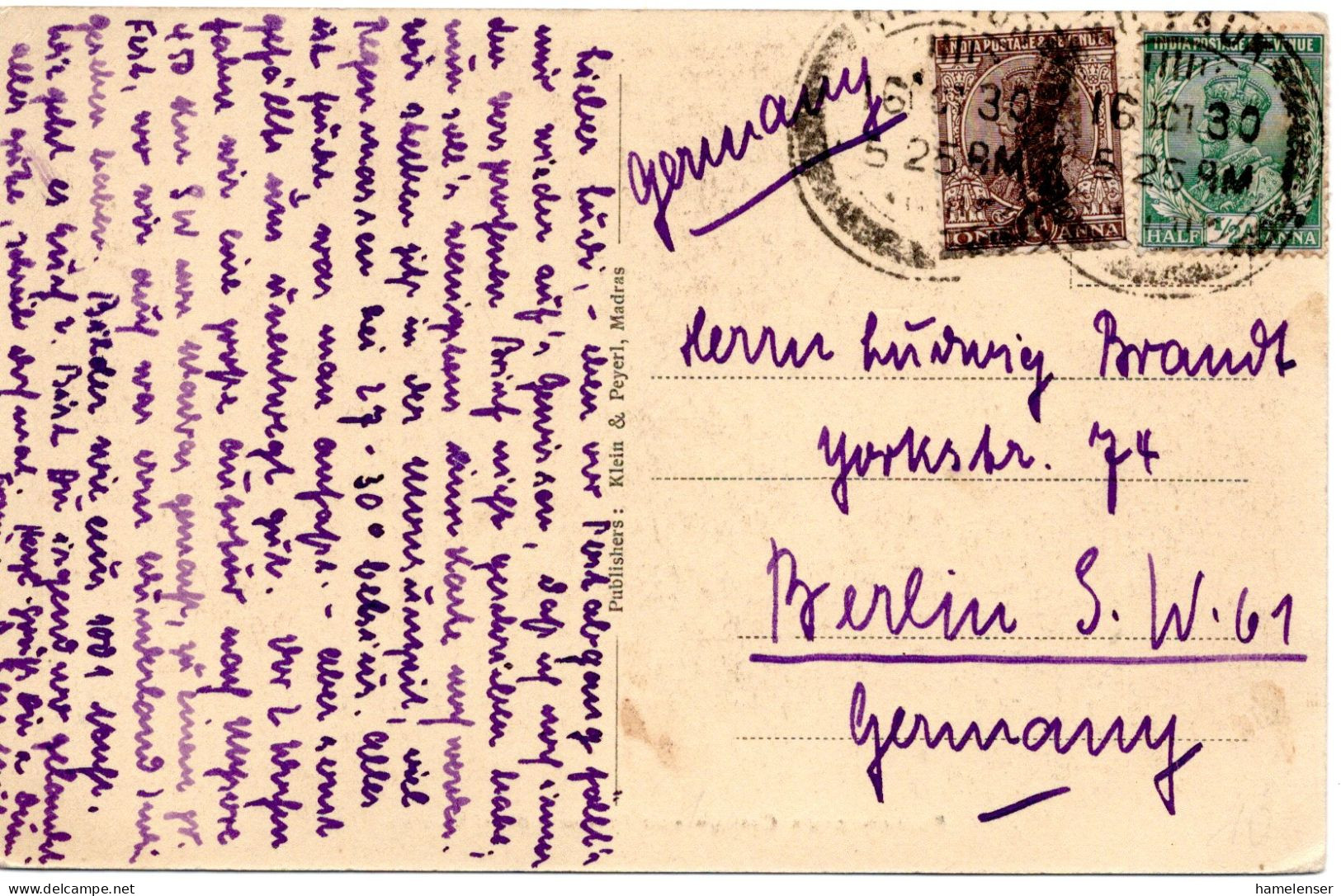 71558 - Indien - 1930 - 1A KGV MiF A AnsKte KILPAUK -> Deutschland - 1911-35 Roi Georges V