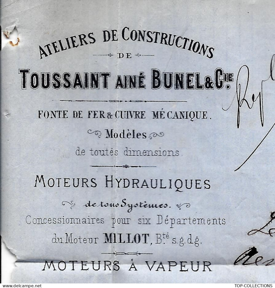 1873 INDUSTRIE ATELIERS DE CONSTRUCTION  Moteurs Vapeur Toussaint Ainé Bunel Verneuil (Eure) > Julien March. De Fer Caen - 1800 – 1899