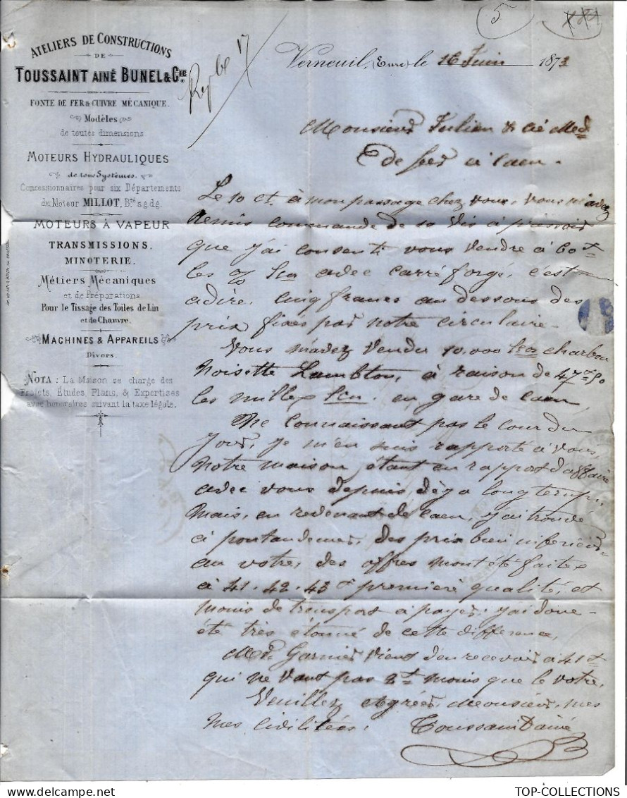 1873 INDUSTRIE ATELIERS DE CONSTRUCTION  Moteurs Vapeur Toussaint Ainé Bunel Verneuil (Eure) > Julien March. De Fer Caen - 1800 – 1899