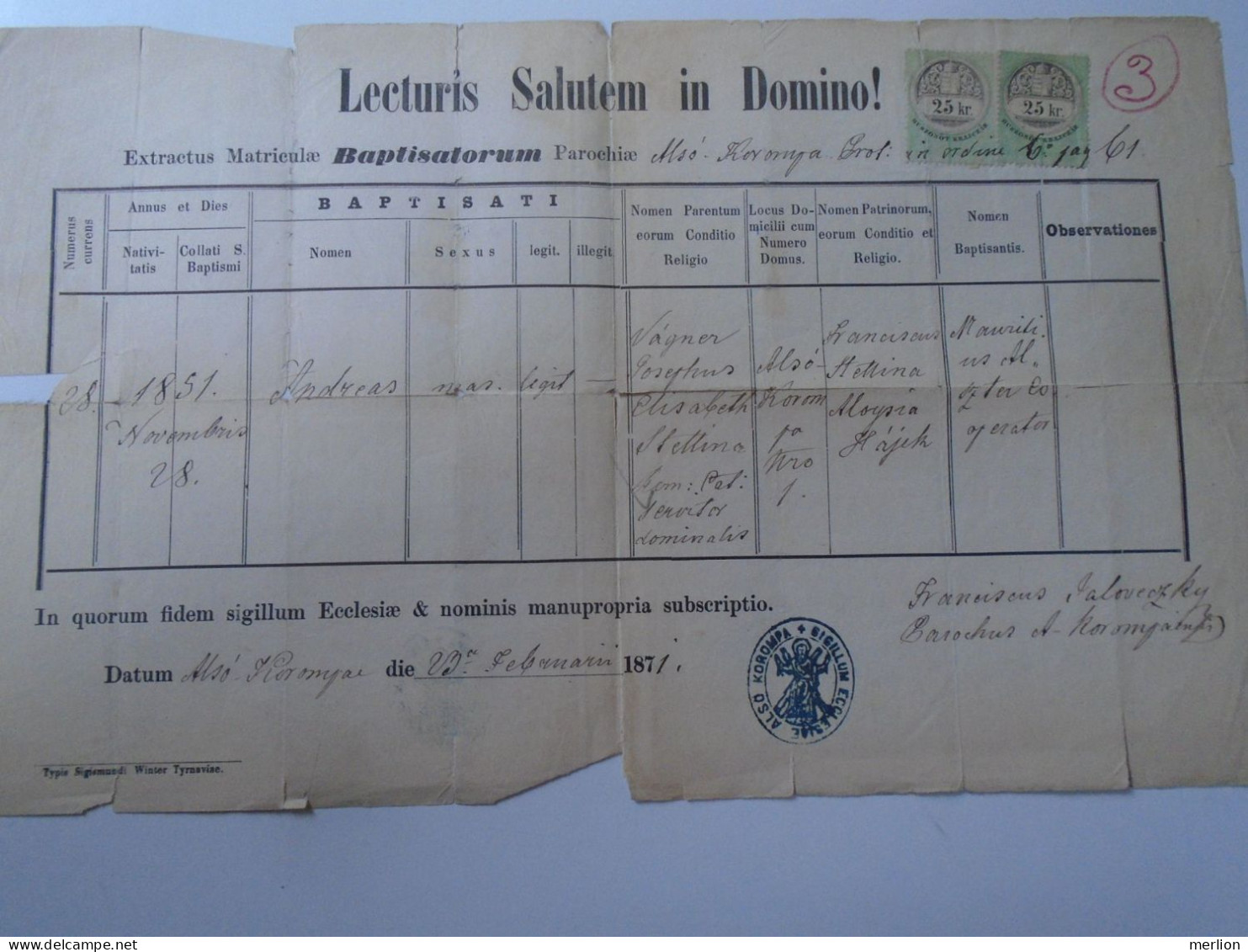 ZA466.14  Old Document  -Slovakia  Alsókorompa - Dolná Krupá - 1871  Andreas Wagner, Vágner, Stettina, Jaloveczky - Nascita & Battesimo