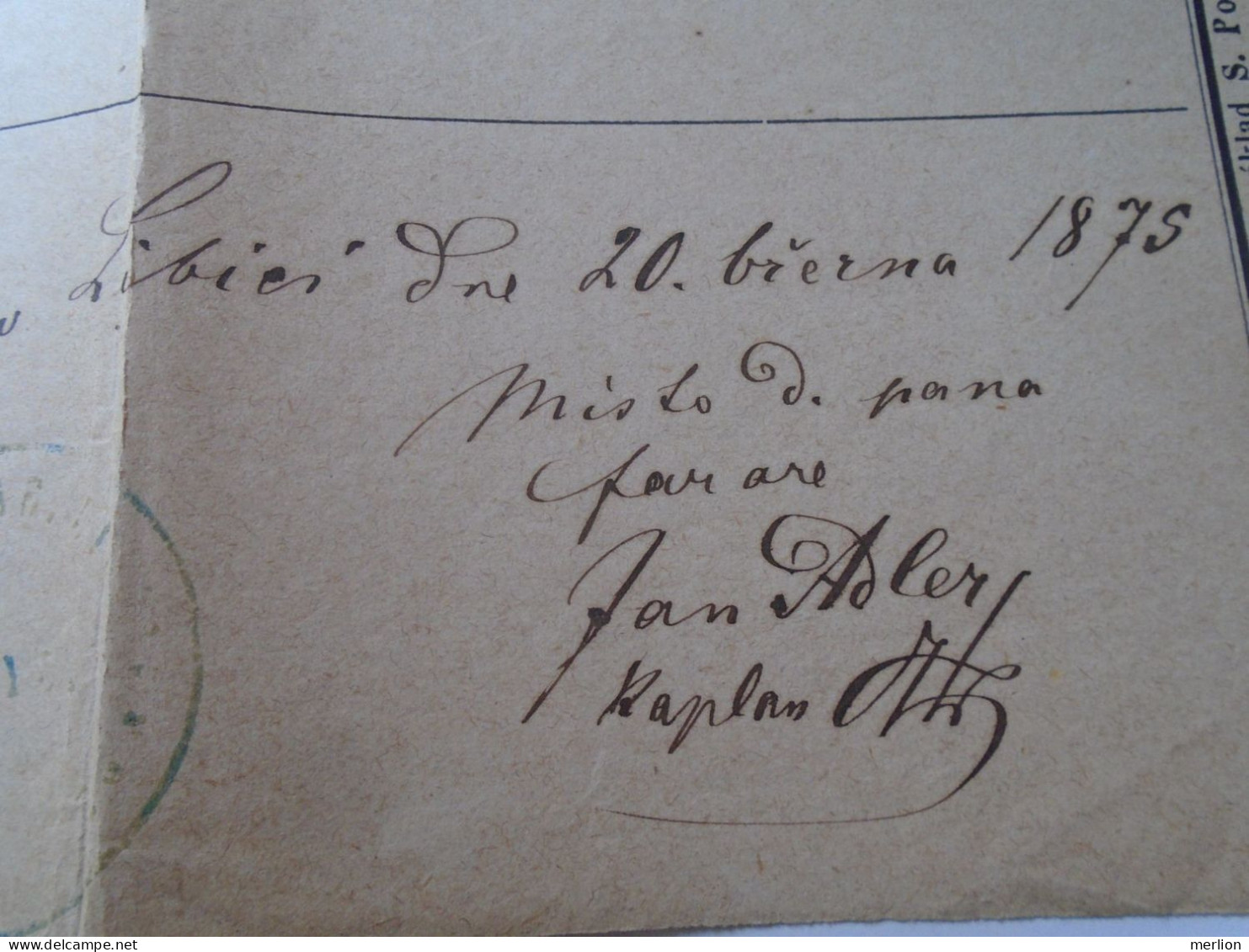 ZA466.15   Old Document  -Czechia Bohemia  Libice - 1875 Josef Zarybnicky - Jan Adler Kaplan - Birth & Baptism