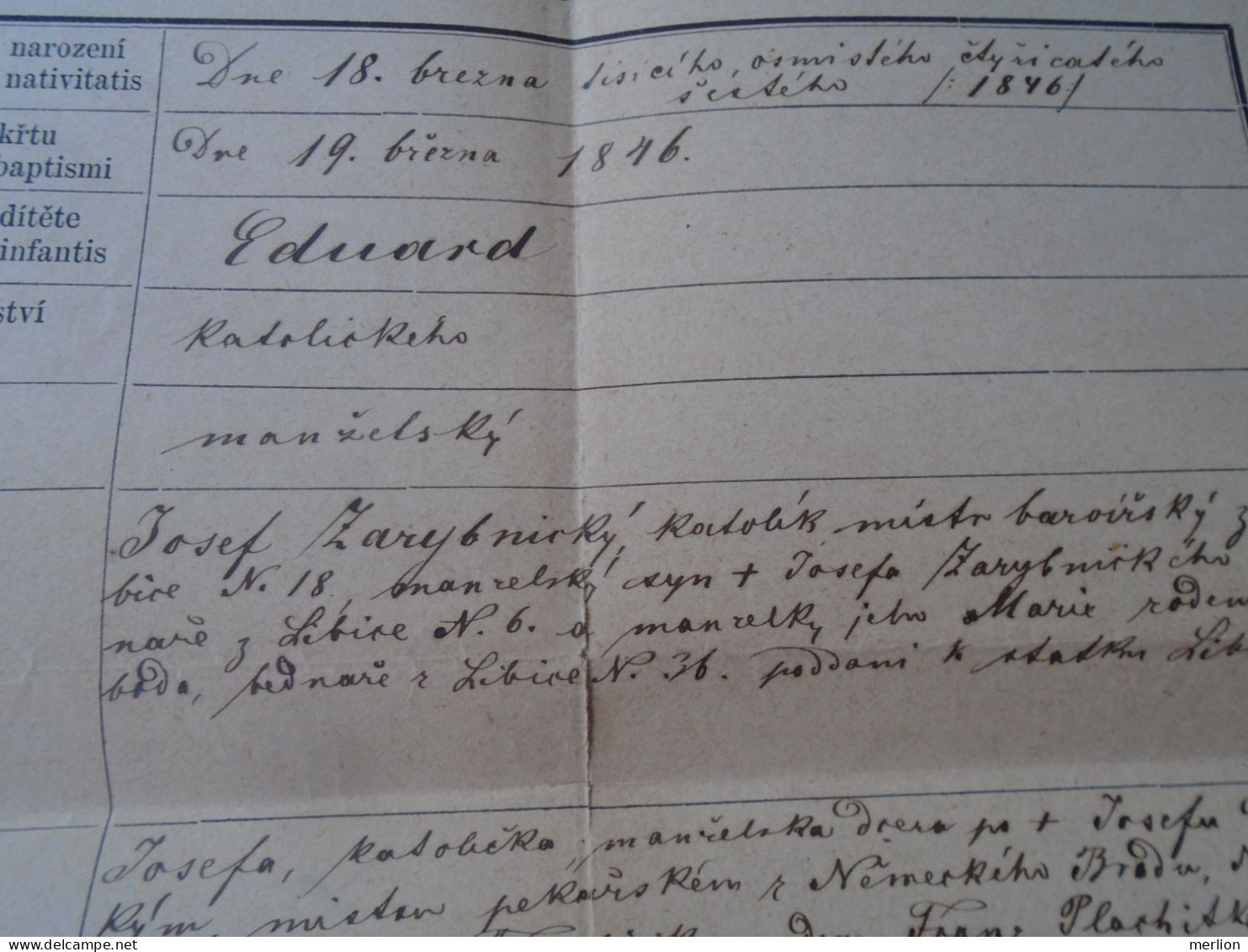 ZA466.15   Old Document  -Czechia Bohemia  Libice - 1875 Josef Zarybnicky - Jan Adler Kaplan - Birth & Baptism