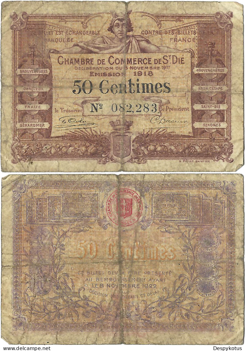 France - BILLET - Chambre De Commerce De SAINT DIE - 50 Centimes - 1918 - JP.112.12 - 15-307 - 1 Franco