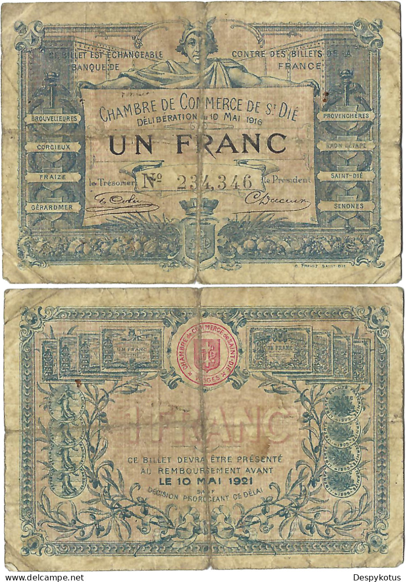 France - BILLET - Chambre De Commerce De SAINT DIE - UN FRANC - 1916 - JP.112.08 - 15-308 - Bonds & Basic Needs
