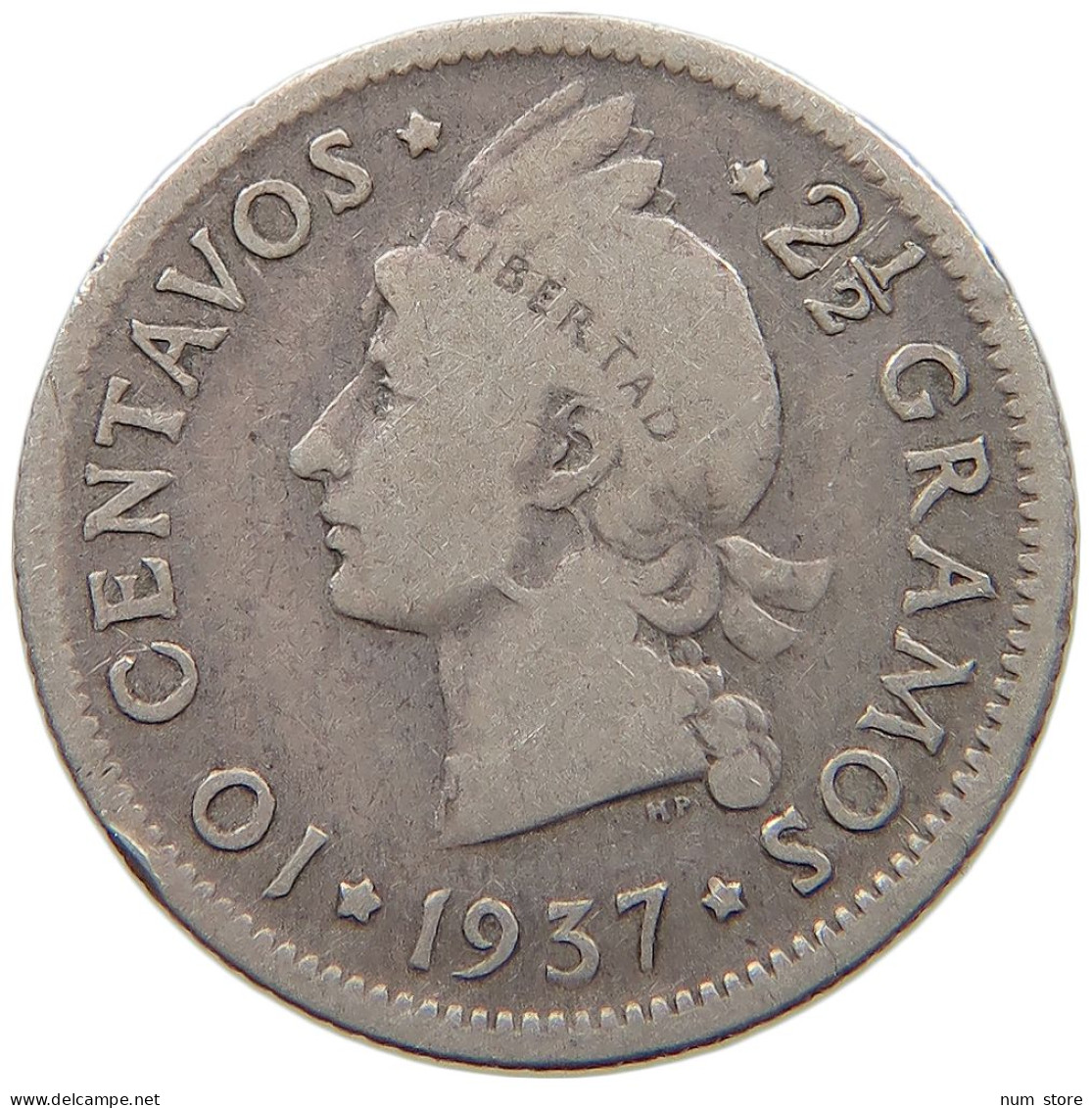 DOMINICAN REPUBLIC 10 CENTAVOS 1937 A  #c010 0419 - Dominicaanse Republiek