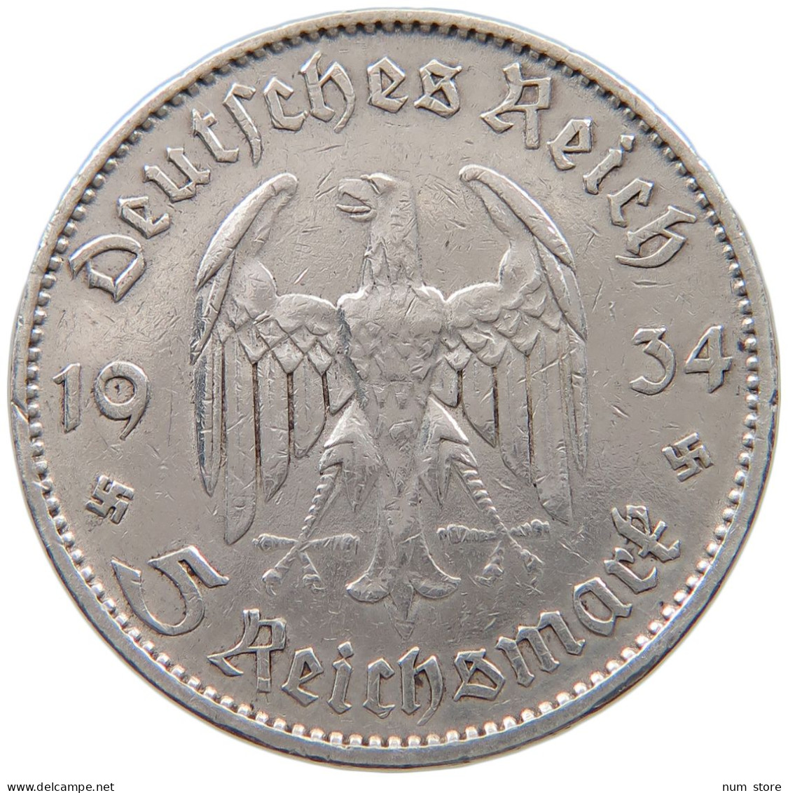 DRITTES REICH 5 MARK 1934 F  #a048 0327 - 5 Reichsmark