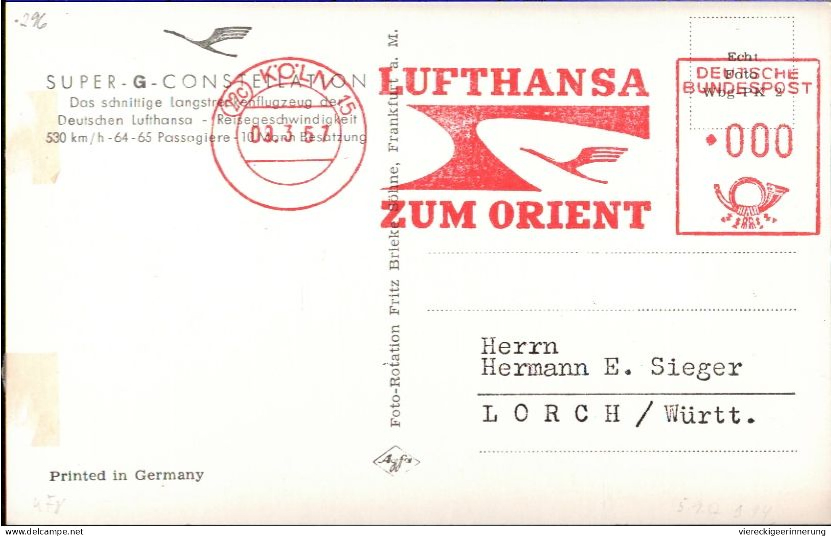 ! S/w Ansichtskarte Lufthansa Flugzeug D-ALAK Super G Constellation, Freistempel Köln, Propliner - 1946-....: Moderne