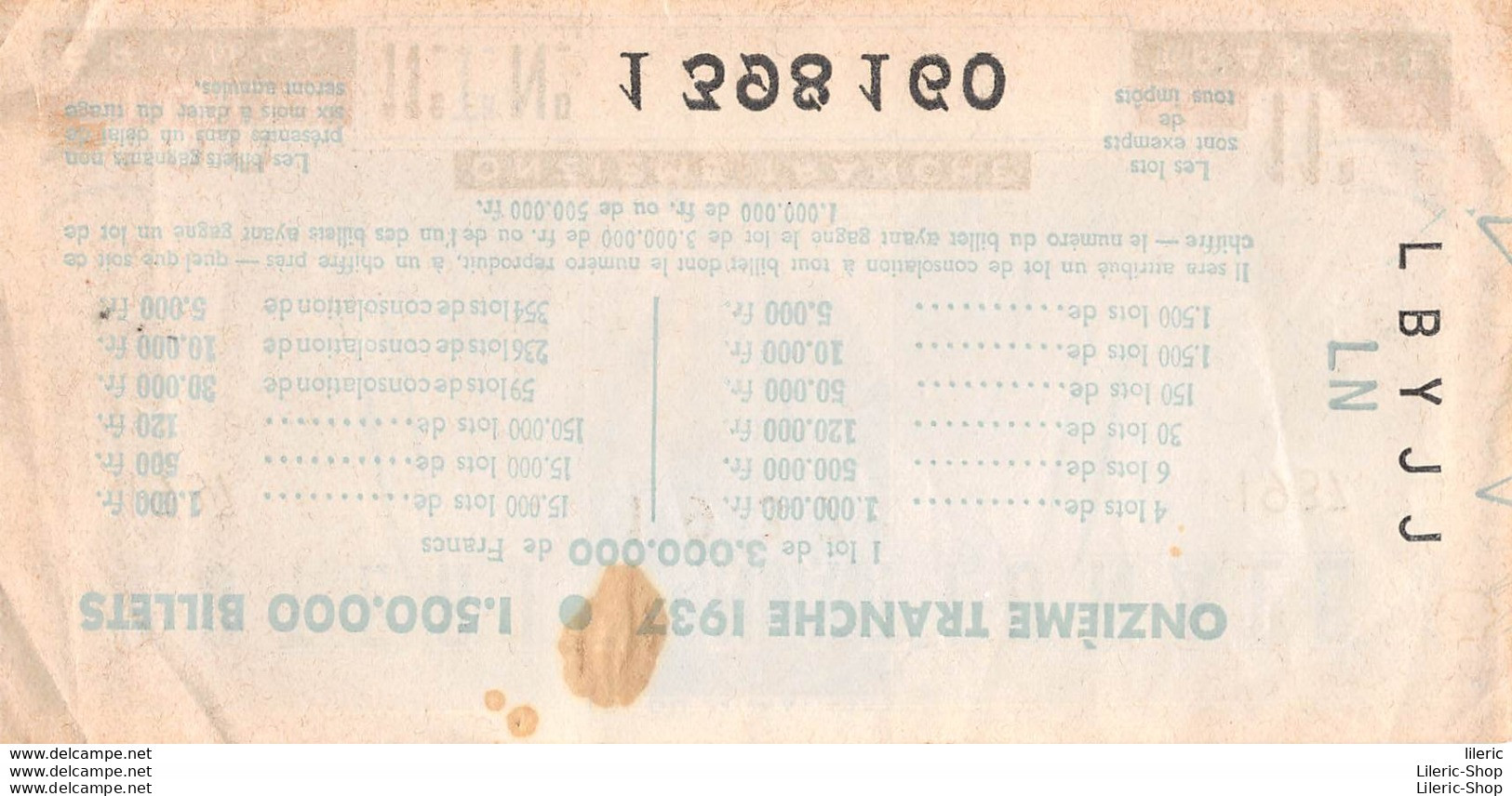 LOTERIE NATIONALE  // TICKET ONZIEME TRANCHE 100 FRANCS ANNEE 1937 - Loterijbiljetten