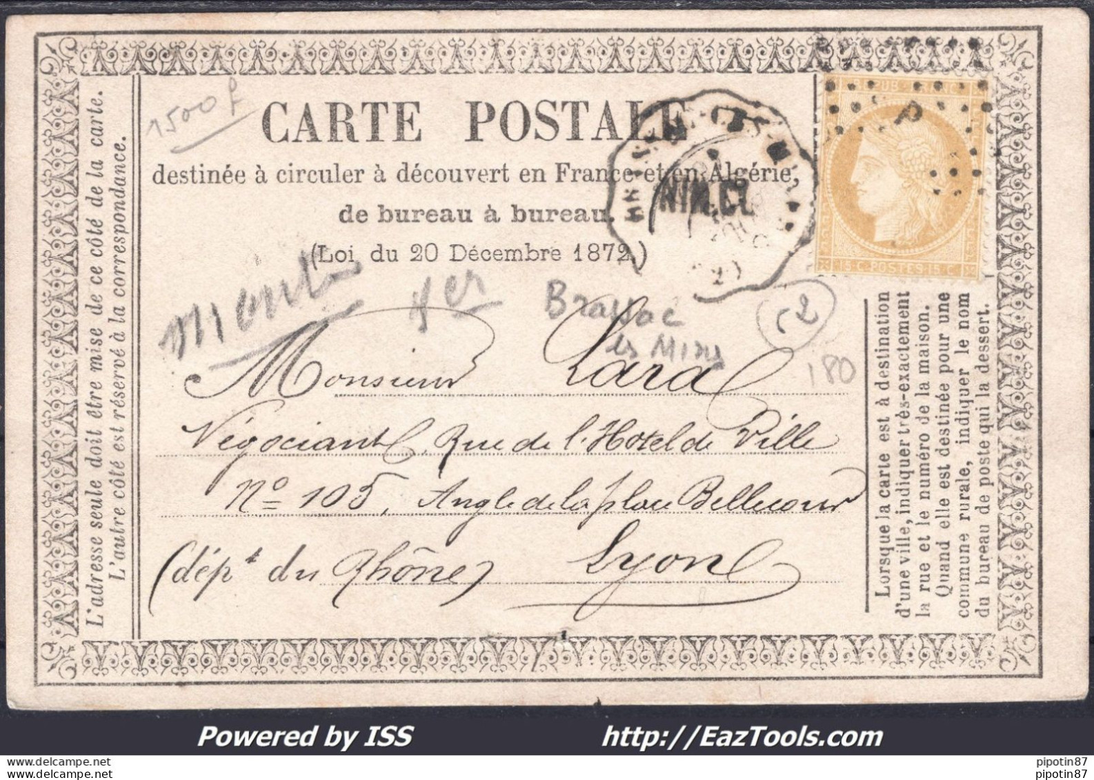 FRANCE N°59 SUR LETTRE AVEC CONVOYEUR DE STATION BRASSAC LES MINES LIGNE 180 NIM.CL. - 1871-1875 Ceres