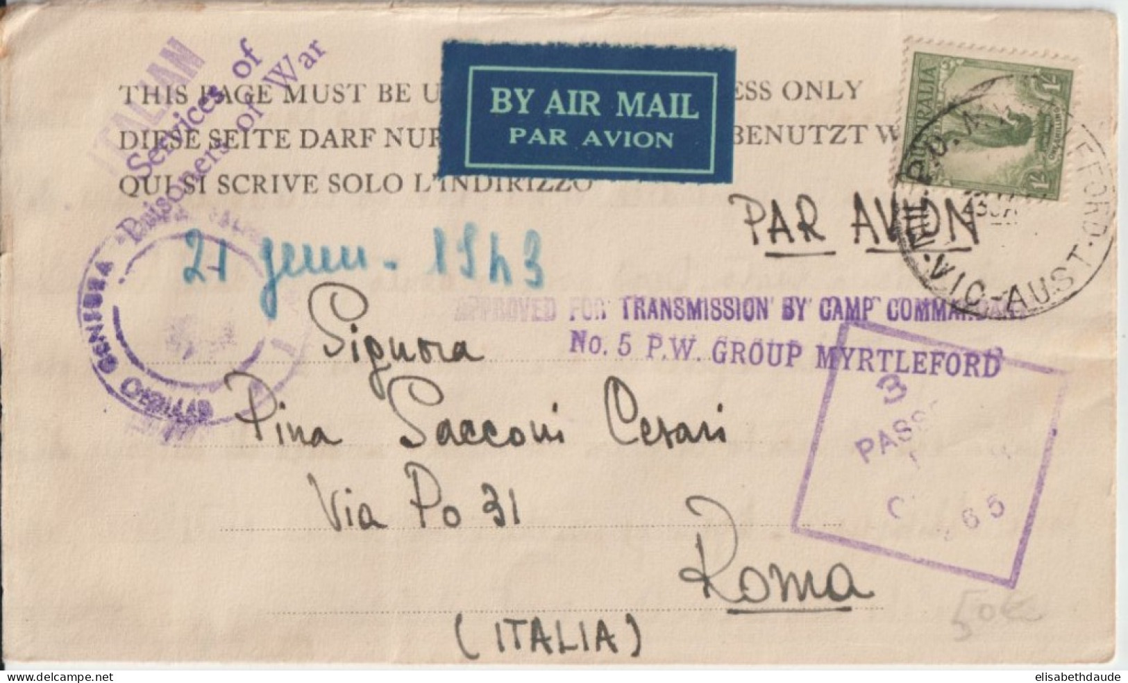 1943 - PRISONNIER DE GUERRE ITALIEN En AUSTRALIE ! - LETTRE CENSURE TIMBREE PAR AVION !! CAMP N°5 De MYRTLEFORD => ROMA - Cartas & Documentos