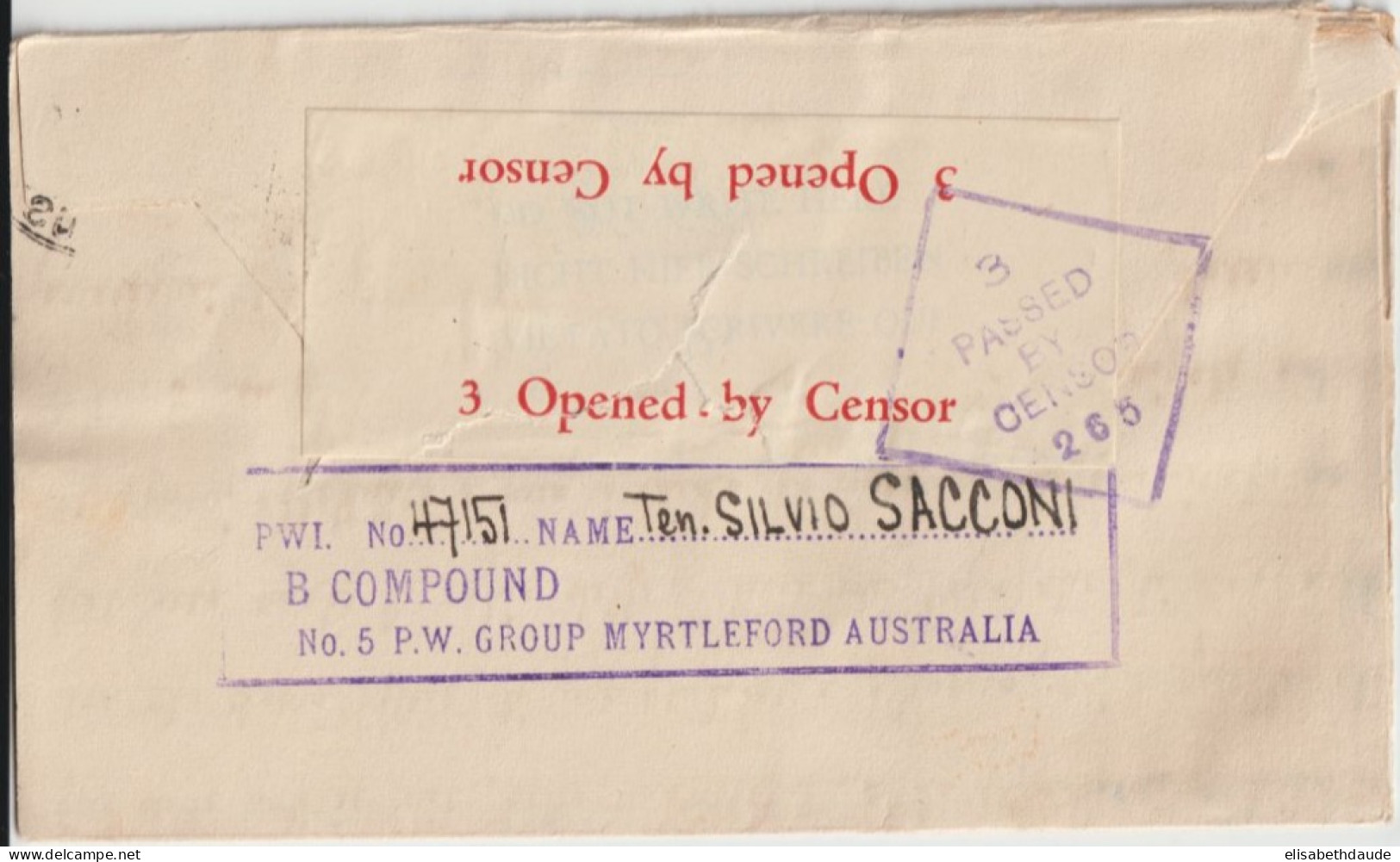 1943 - PRISONNIER DE GUERRE ITALIEN En AUSTRALIE ! - LETTRE CENSURE TIMBREE PAR AVION !! CAMP N°5 De MYRTLEFORD => ROMA - Cartas & Documentos