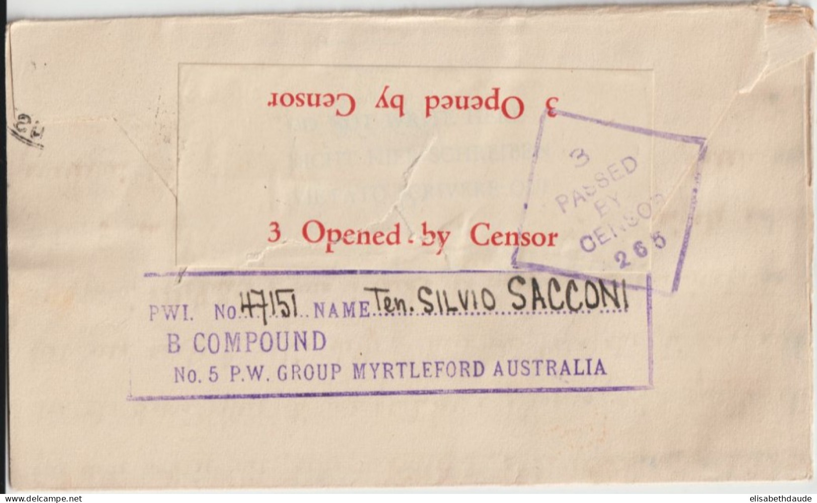 1943 - PRISONNIER DE GUERRE ITALIEN En AUSTRALIE ! - LETTRE CENSURE TIMBREE PAR AVION !! CAMP N°5 De MYRTLEFORD => ROMA - Briefe U. Dokumente