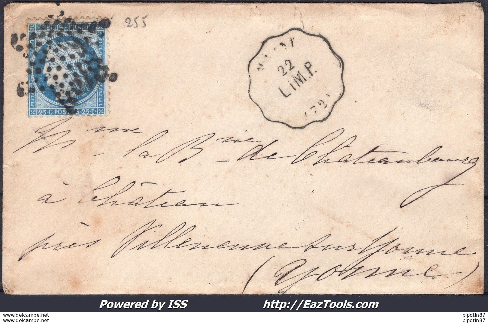 FRANCE N°60A SUR LETTRE AVEC CONVOYEUR DE STATION MASSY LIGNE 255 LIMP.P. - 1871-1875 Ceres