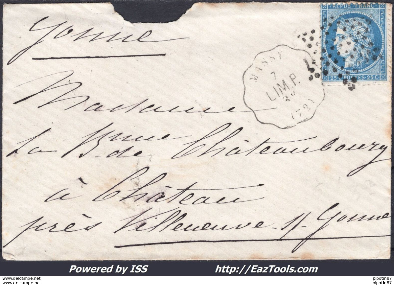 FRANCE N°60C SUR LETTRE AVEC CONVOYEUR DE STATION MASSY LIGNE 255 LIMP.P. - 1871-1875 Cérès