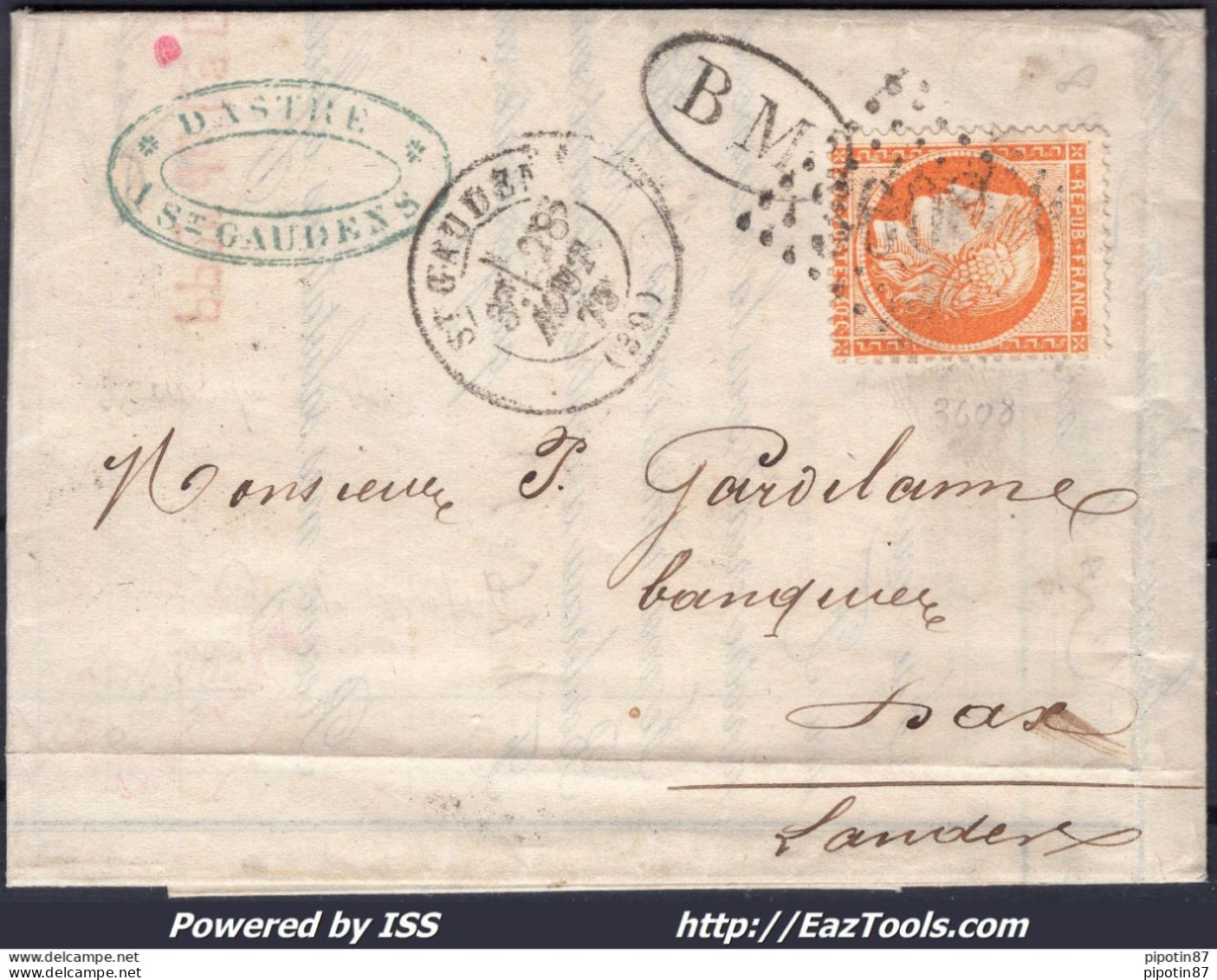 FRANCE N°38 SUR LETTRE GC 3608 SAINT GAUDENS + CAD DU 28/08/1875 + BM - 1870 Beleg Van Parijs