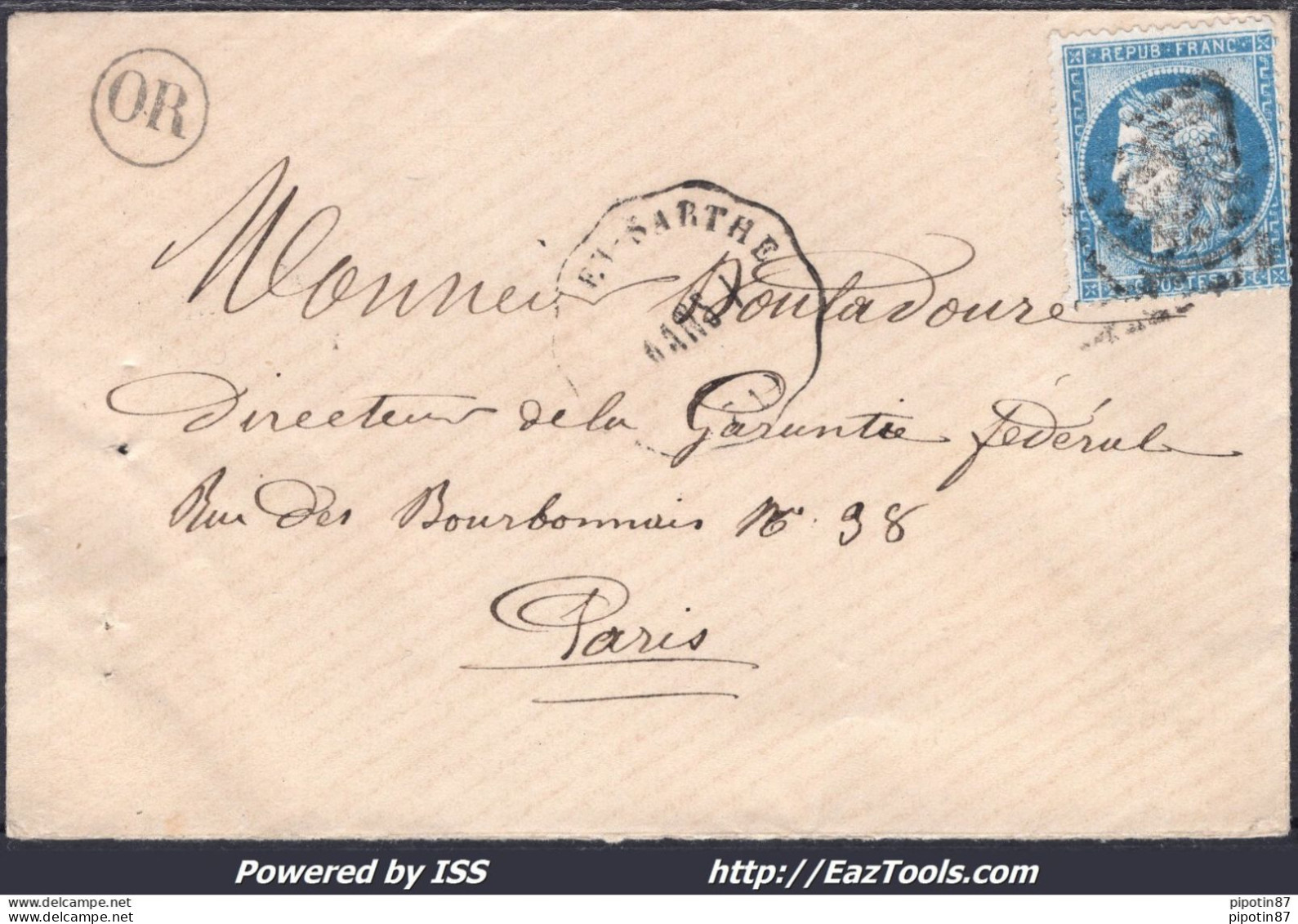 FRANCE N°60C SUR LETTRE AVEC CONVOYEUR DE STATION MAYET SARTHE LIGNE 287 MANS.T. - 1871-1875 Cérès