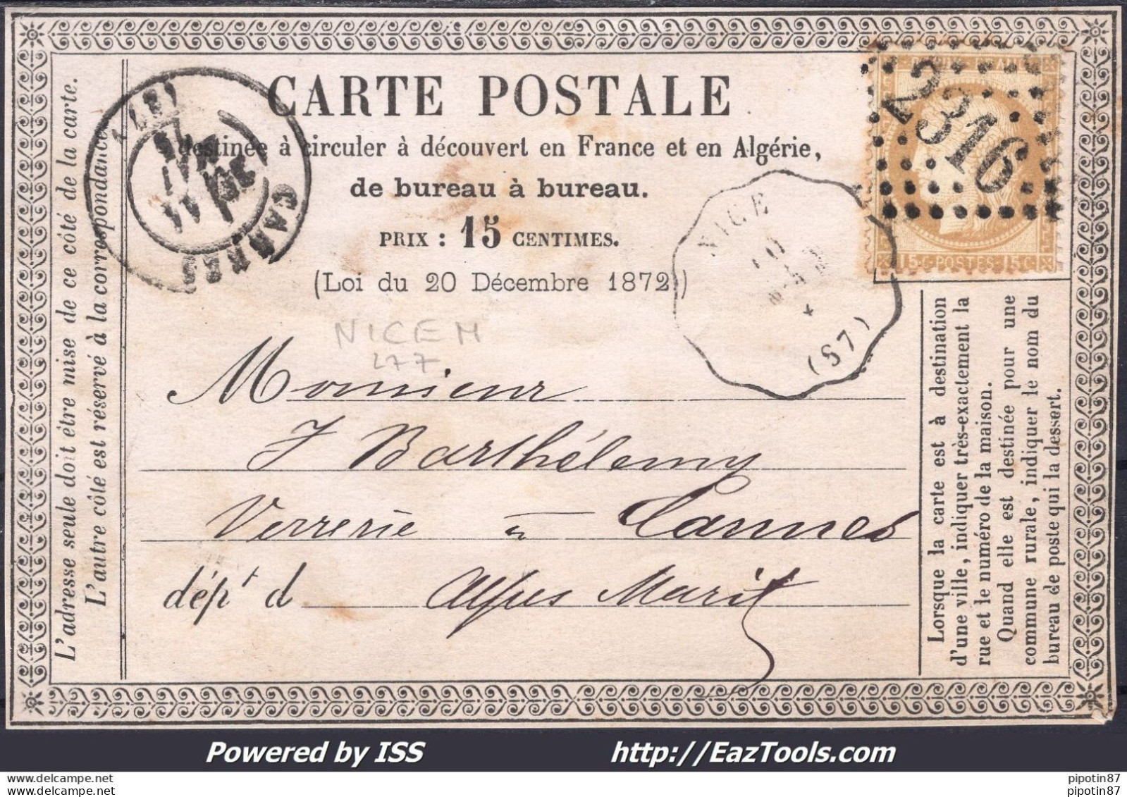 FRANCE N°55 SUR CP AVEC CONVOYEUR DE STATION NICE LIGNE 284 M.VINT. - 1871-1875 Cérès