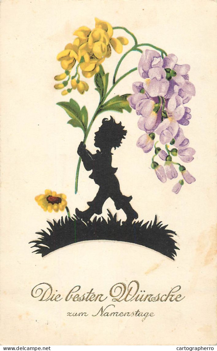 Postcard Flower Boy Die Bester Munsche Zum Namenstage 1940 Silhouette Greetings - Silhouettes