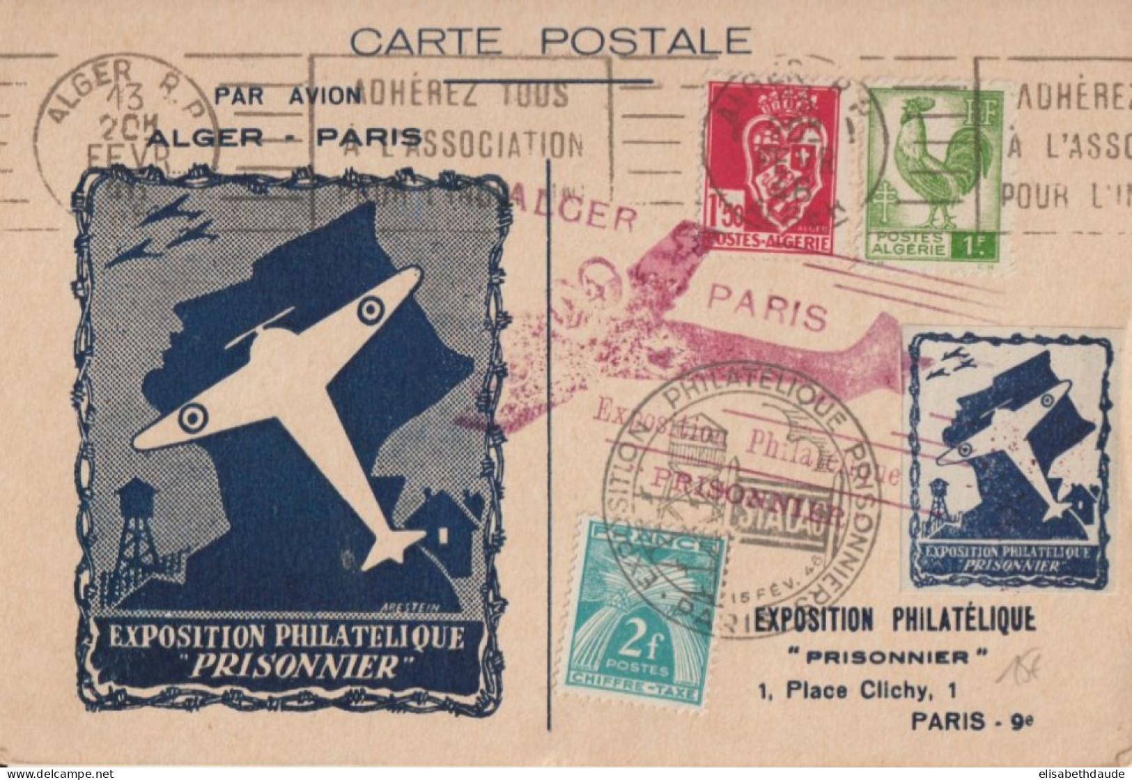 1945 - EXPO PRISONNIERS GUERRE - VIGNETTE AVIATION Sur CARTE VOL AERIEN ALGER à PARIS ! - TAXE GERBES - Aviazione