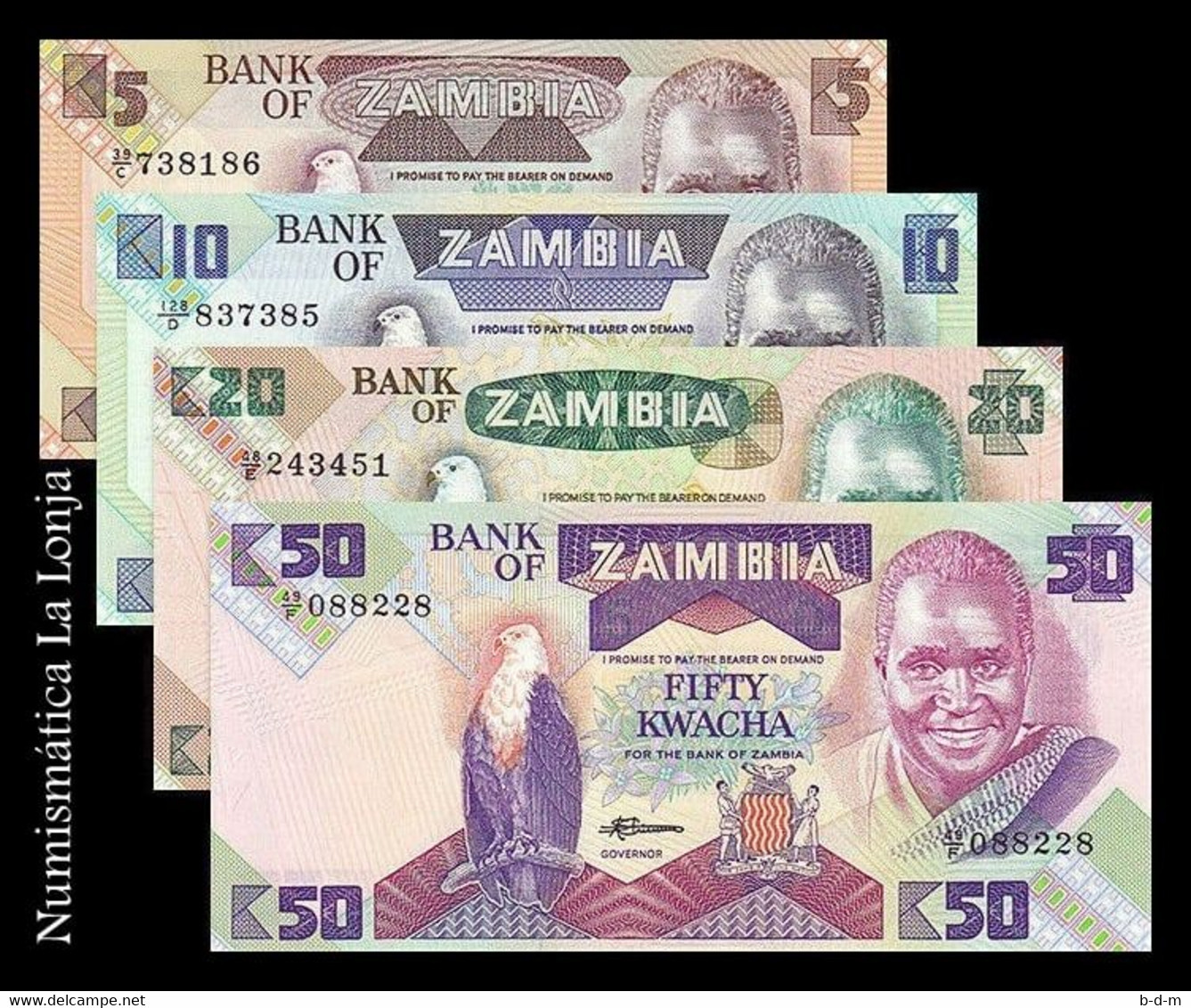 Zambia Set 4 Banknotes 5 10 20 50 Kwacha 1986-1988 Pick 25-28 Sc Unc - Zambie