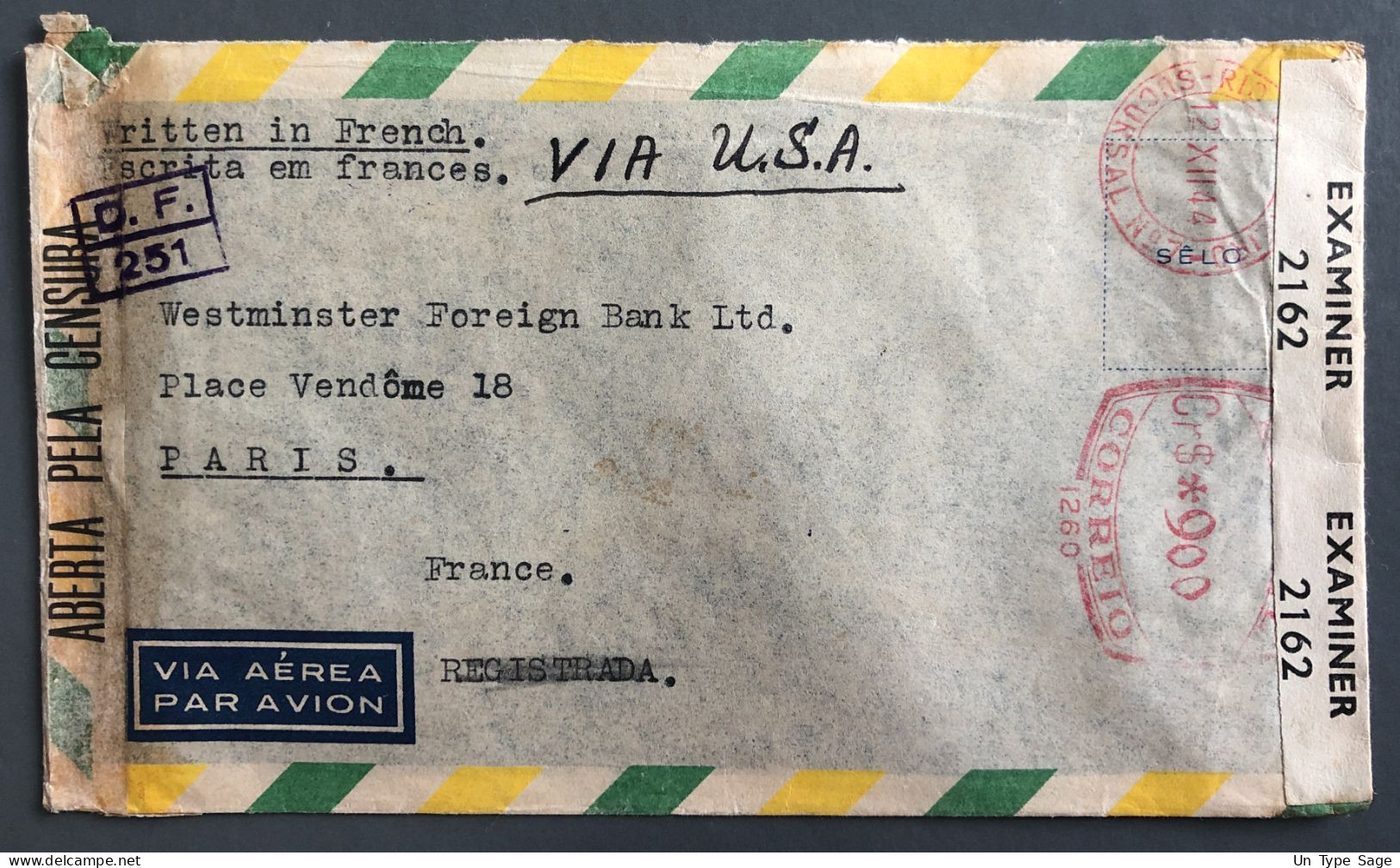 Brésil, Divers Sur Enveloppe + Censure - 12.12.1944 - (B2727) - Covers & Documents