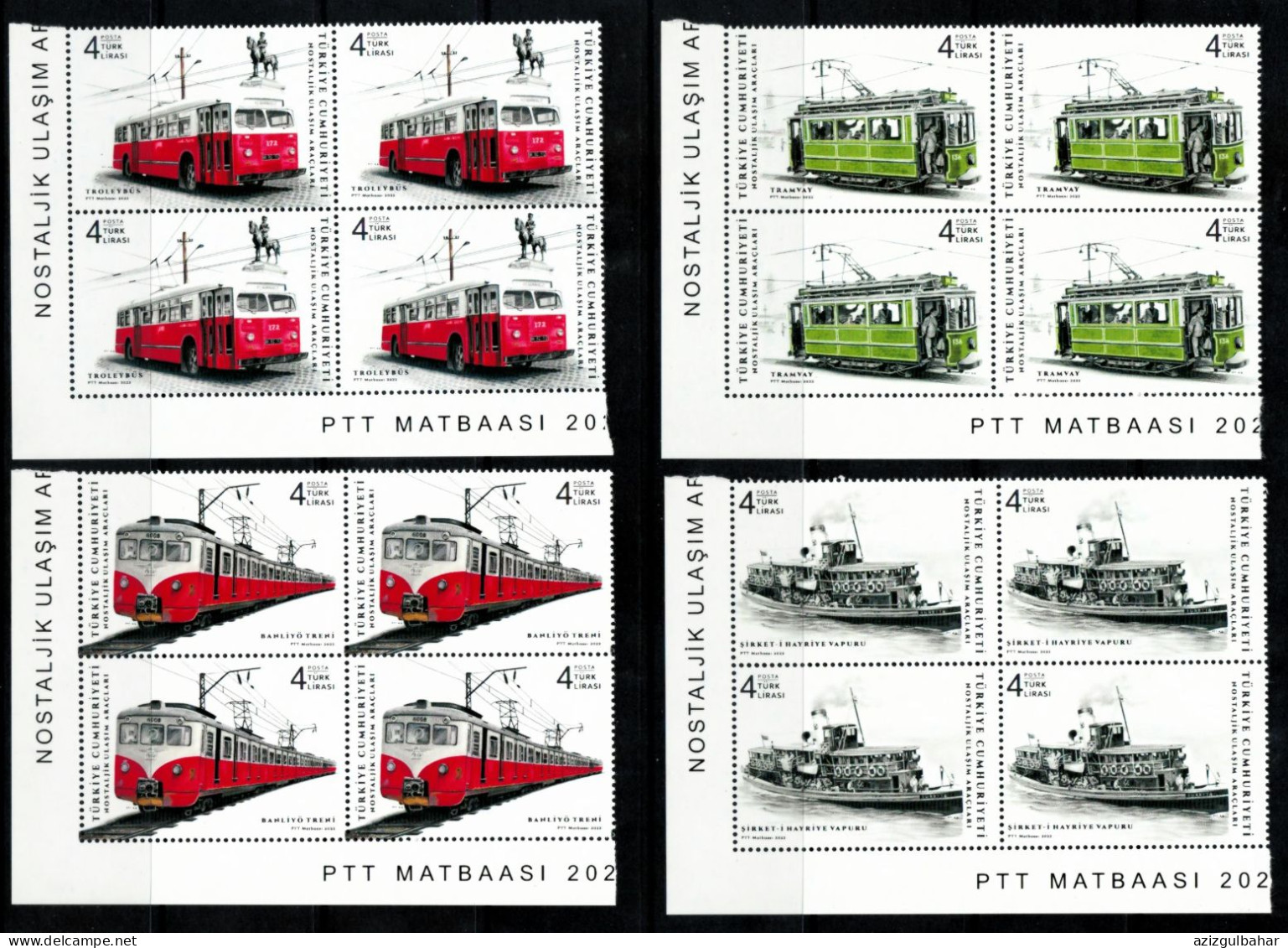 TURKEY -     NOSTALGIC MEANS OF TRANSPORTATION - 7 JANUARY 2022 - BUS, TRAMWAY, BOAT AND TRAIN - CORNER BLOCK - Unused Stamps