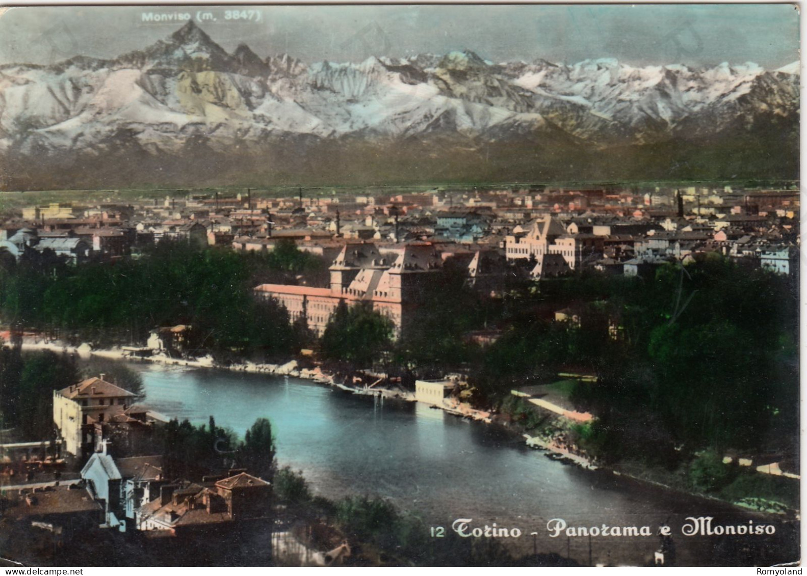 CARTOLINA  TORINO,PIEMONTE-PANORAMA E MONVISO-STORIA,MEMORIA,CULTURA,RELIGIONE,IMPERO ROMANO,BELLA ITALIA,VIAGGIATA 1954 - Multi-vues, Vues Panoramiques