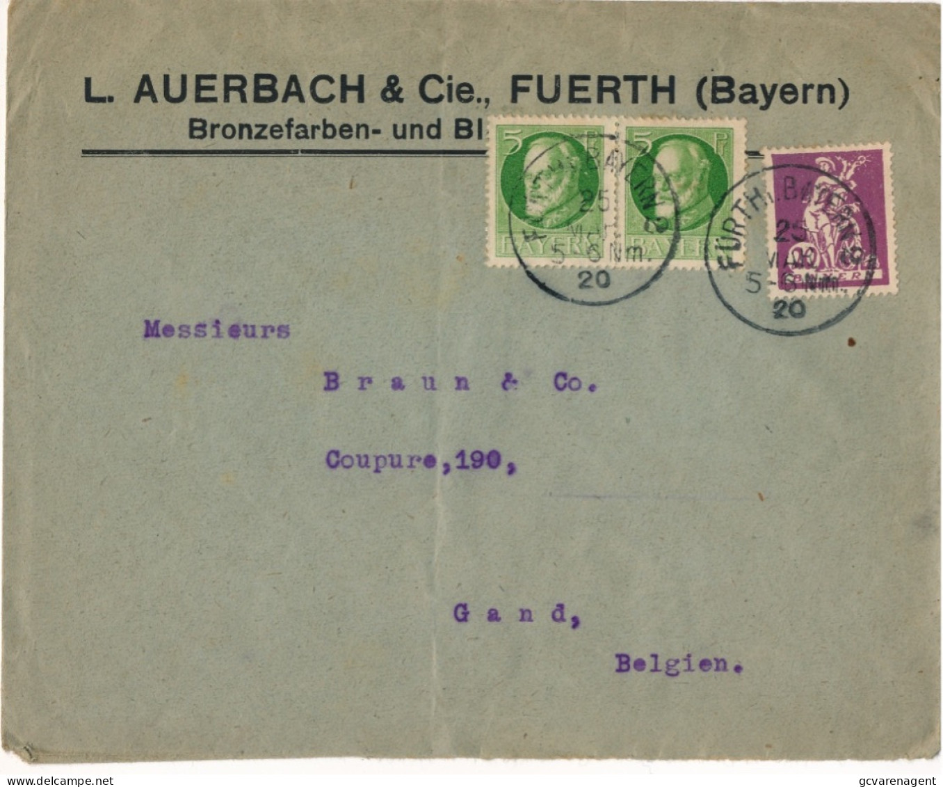 BAYERN  1920  L.AUERBACH & Cie FUERTH  BAYERN  BRONZENFARBEN TO GAND BELGIEN     ZIE  SCANS - Andere & Zonder Classificatie