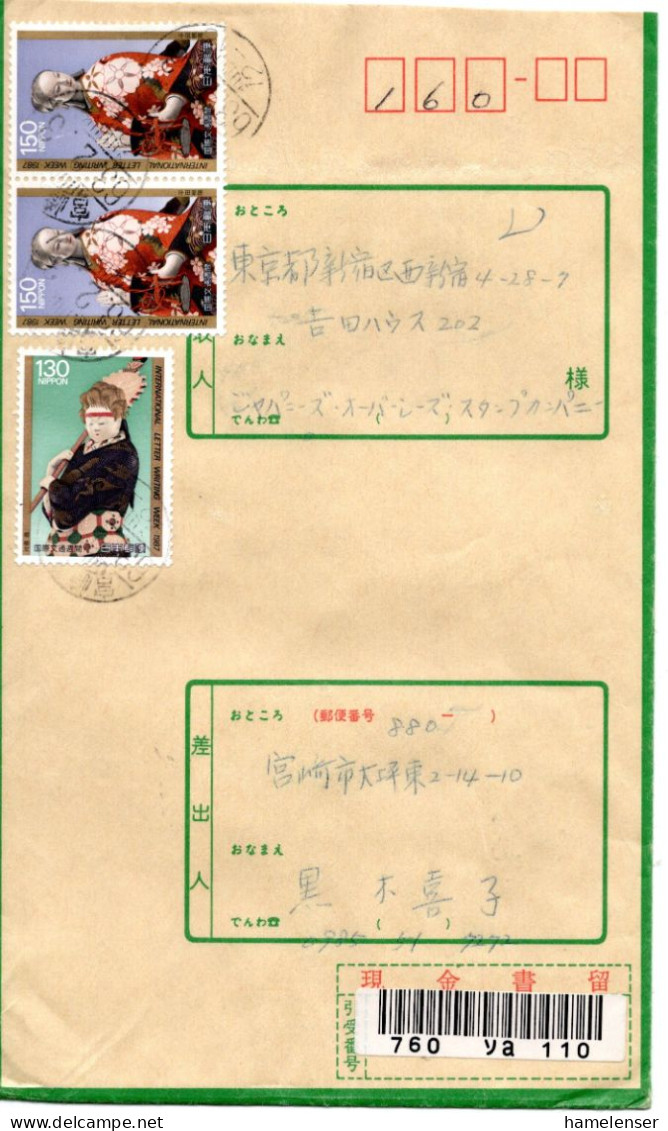 71628 - Japan - 1988 - 2@¥150 Briefwoche '87 MiF A Geld-R-Bf MIYAZAKI ... -> Tokyo - Brieven En Documenten