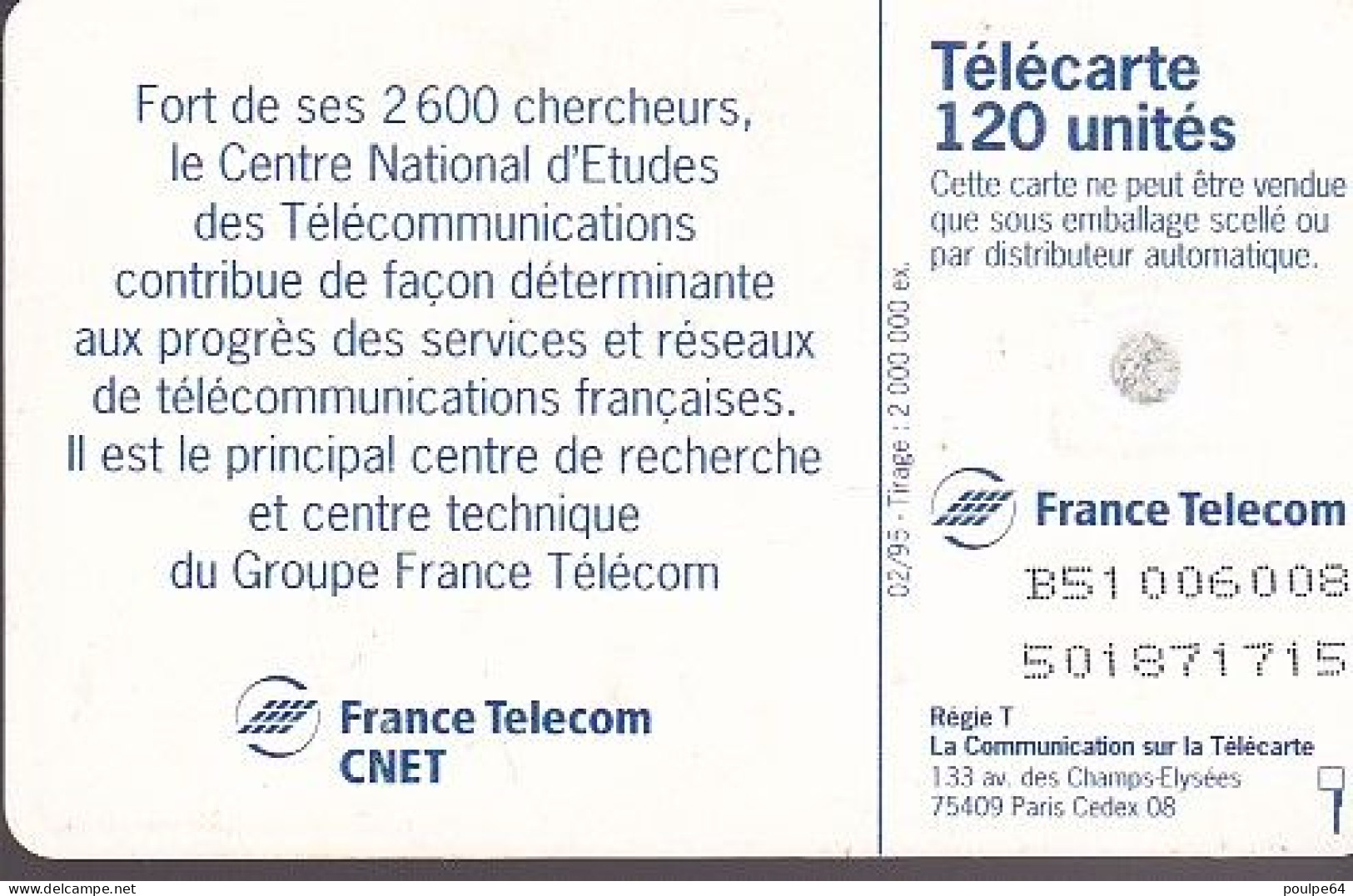 F540 - 02/1995 - CNET - 120 GEM (verso : N° Deux Lignes éloignées) - 1995