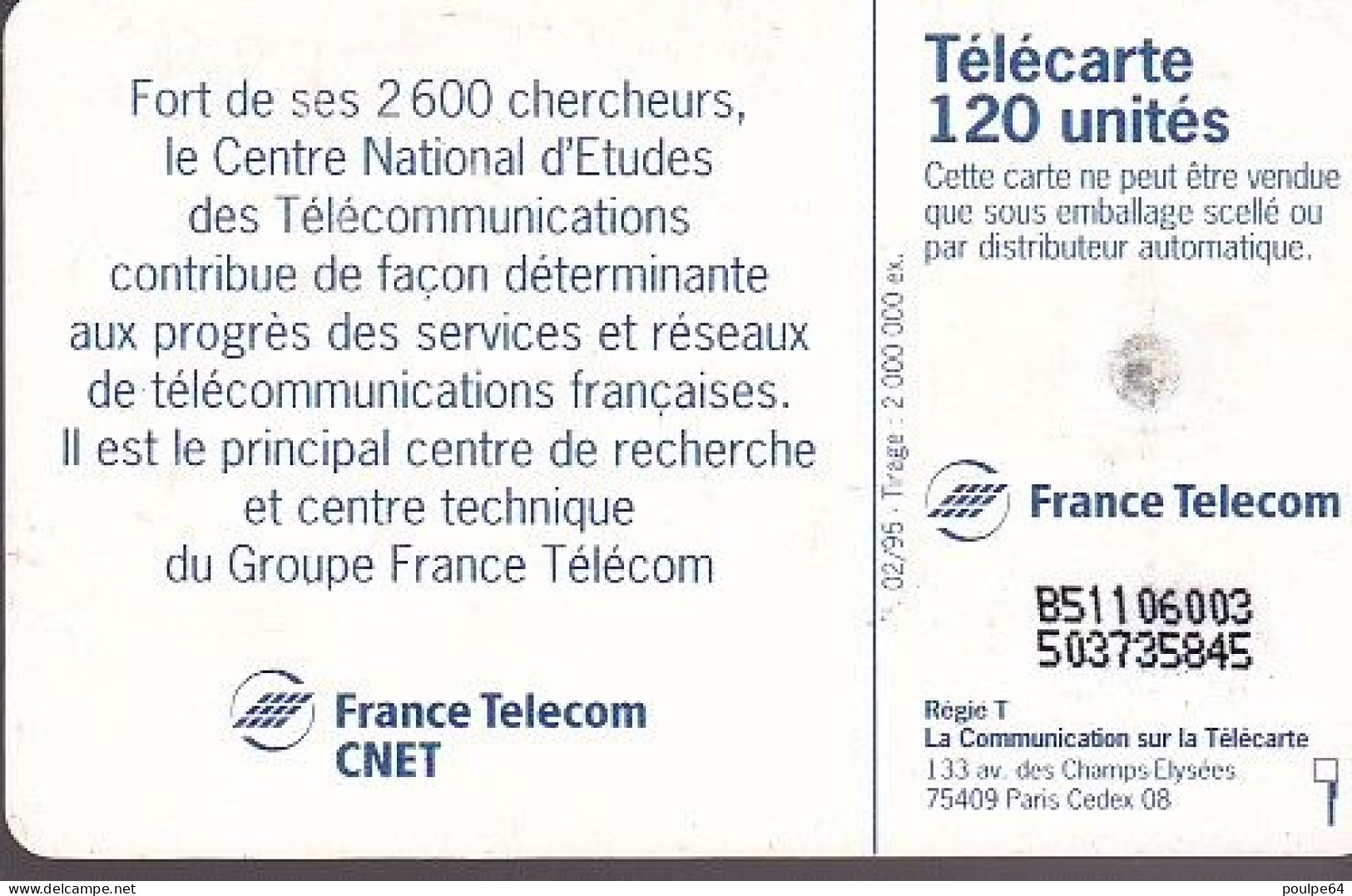 F540 - 02/1995 - CNET - 120 GEM (verso : N° Deux Lignes Rapprochées) - 1995