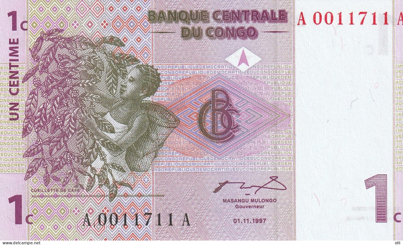 CONGO Dem:Rep. 1 Centime - 1997  P- 80 - Unc. - République Démocratique Du Congo & Zaïre