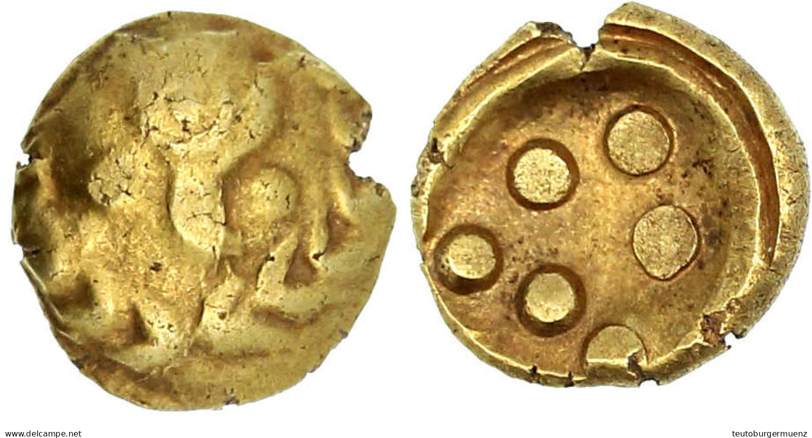 Stater "Regenbogenschüsselchen", 1. Jh. V. Chr. Typ Vogelkopf Im Kranz/Torques Um 6 Als Dreieck Angeordnete Kugeln. 7,48 - Gallië