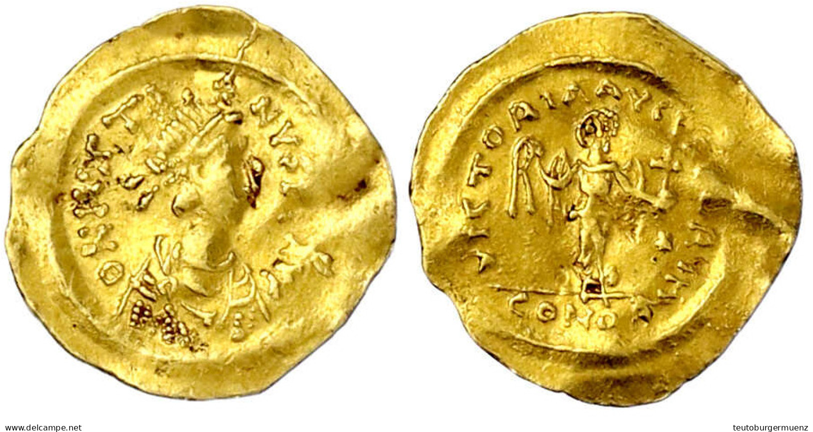 Tremissis 527/565, Constantinopel. Herrscherbüste Mit Diadem N.r./Victoria Mit Kranz Und Kreuzglobus. 1,41 G. Sehr Schön - Byzantines