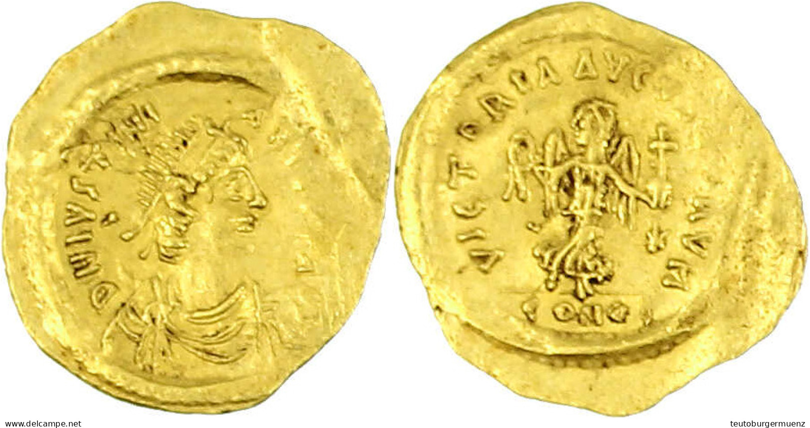 Tremissis 527/565, Constantinopel. Herrscherbüste Mit Diadem N.r./Victoria Mit Kranz Und Kreuzglobus. 1,48 G. Sehr Schön - Bizantinas