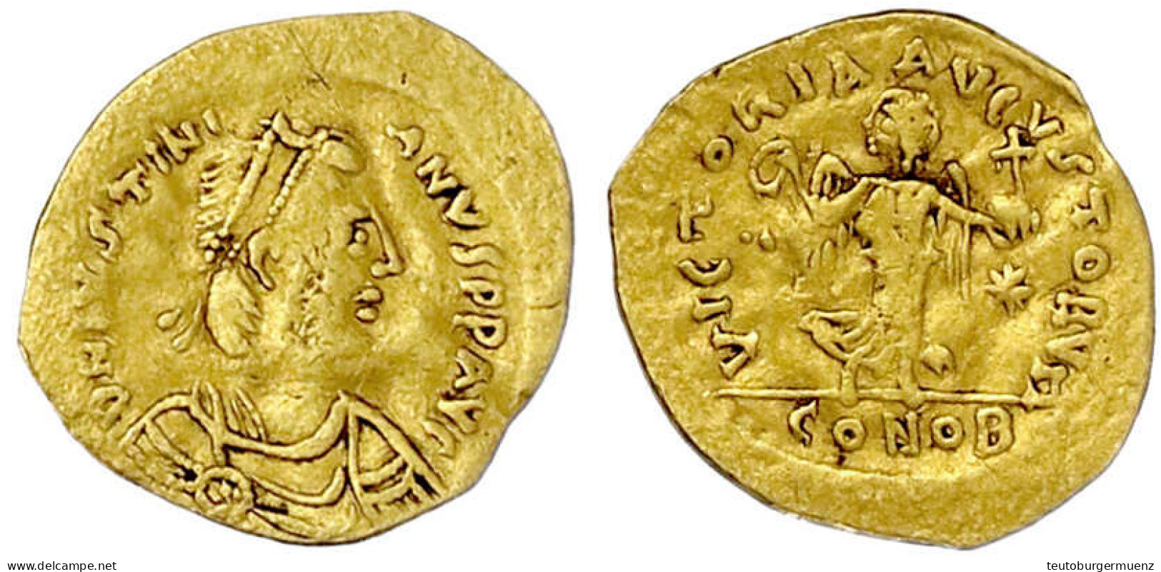 Tremissis 527/565, Constantinopel. Herrscherbüste Mit Diadem N.r./Victoria Mit Kranz Und Kreuzglobus. 1,13 G. Schön/sehr - Byzantine
