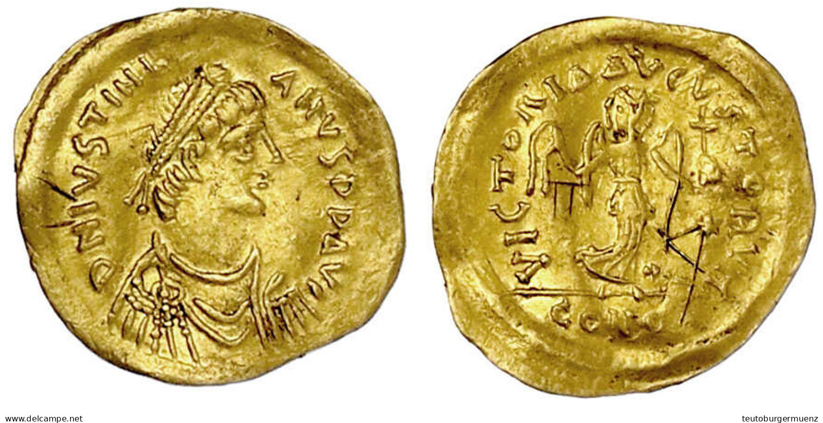 Tremissis 527/565, Constantinopel. Herrscherbüste Mit Diadem N.r./Victoria Mit Kranz Und Kreuzglobus. 1,46 G. Sehr Schön - Byzantium