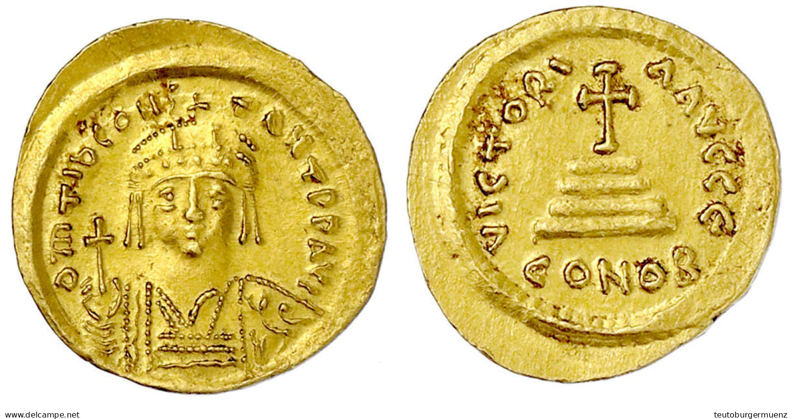 Solidus 578/582. Constantinopel, 5. Off. Brb. V.v./Stufenkreuz. 4,43 G. Fast Stempelglanz, Prachtexemplar. Sear 422. Som - Byzantines