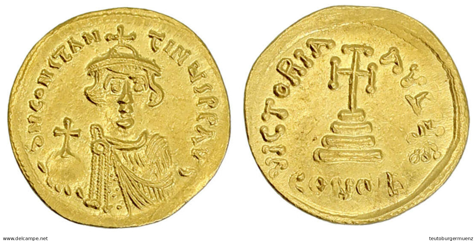 Solidus 644/645, Constantinopel, 5. Offizin. Büste V.v. Ohne Bart/Stufenkreuz. 4,43 G. Vorzüglich/Stempelglanz, Doppelsc - Byzantinische Münzen