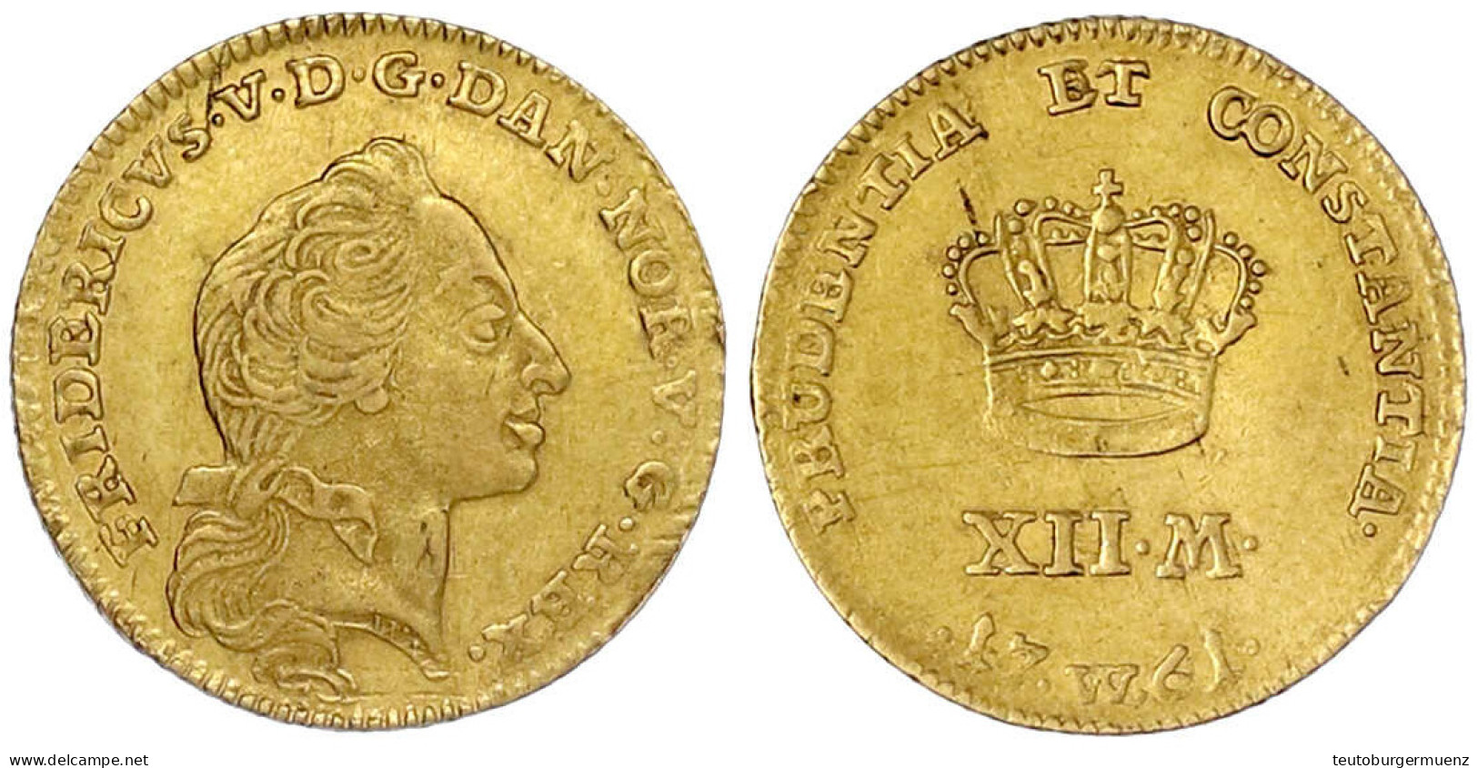 Kurant-Dukat (12 Mark) 1761, Kopenhagen. 3,12 G. Vorzüglich, Kratzer. Hede 22. Friedberg 269. - Dinamarca