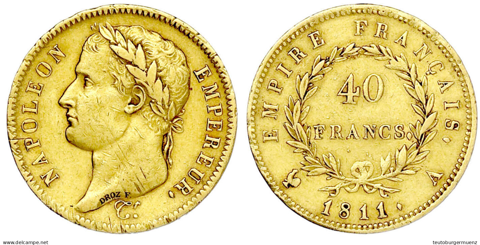 40 Francs 1811 A, Paris. 12,9 G. 900/1000. Sehr Schön, Leicht Justiert. Krause/Mishler 696.1. Friedberg 505. - 40 Francs (gold)