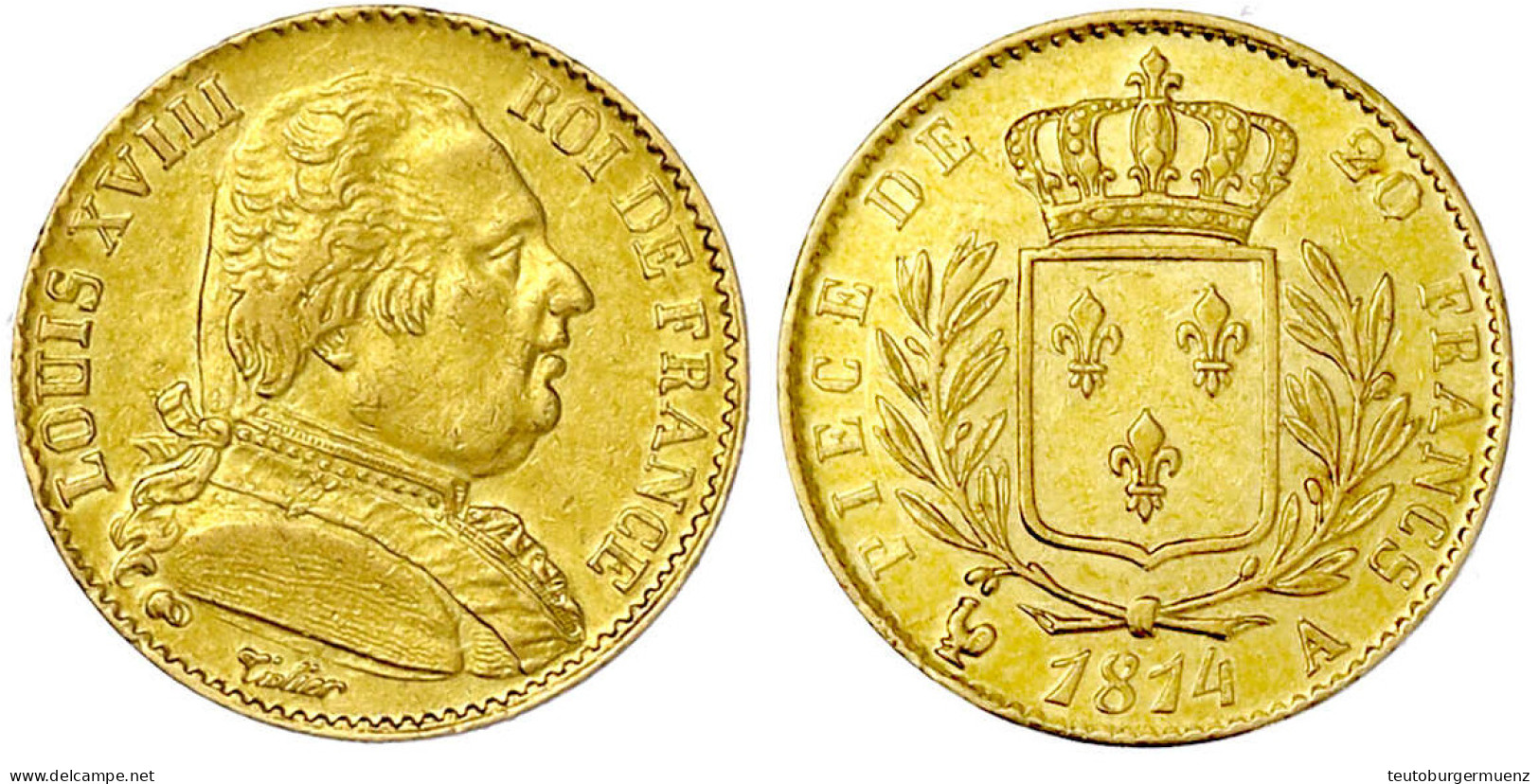 20 Francs 1814 A, Paris. 6,45 G. 900/1000. Vorzüglich. Krause/Mishler 706.1. Friedberg 525. - 20 Francs (gold)