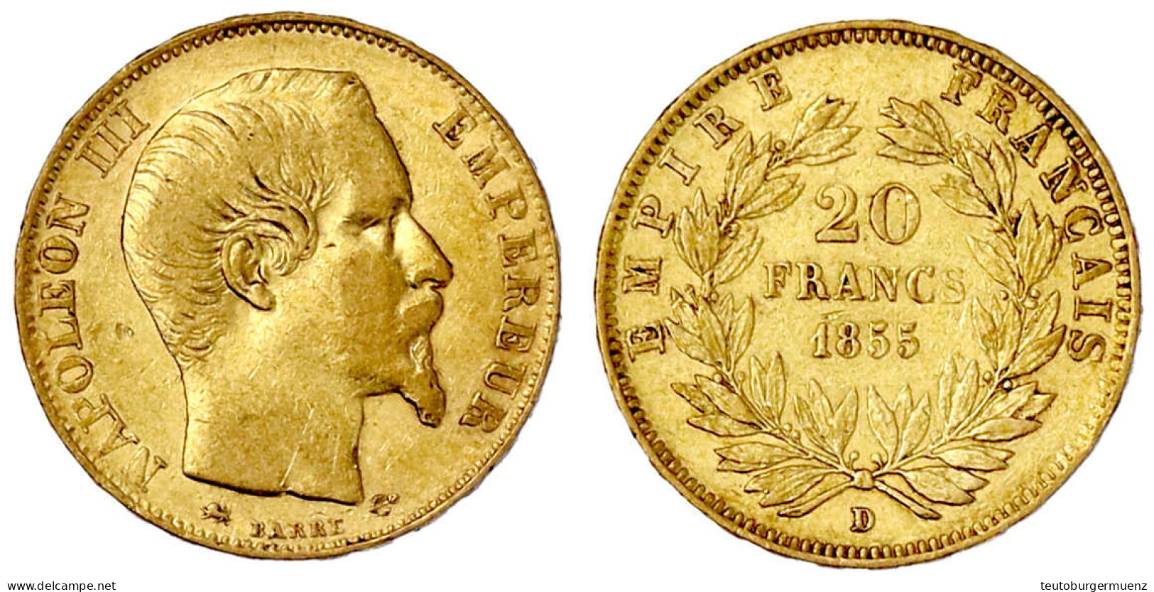 20 Francs 1855 D, Lyon. 6,45 G. 900/1000. Sehr Schön. Krause/Mishler 781.3. - 20 Francs (oro)